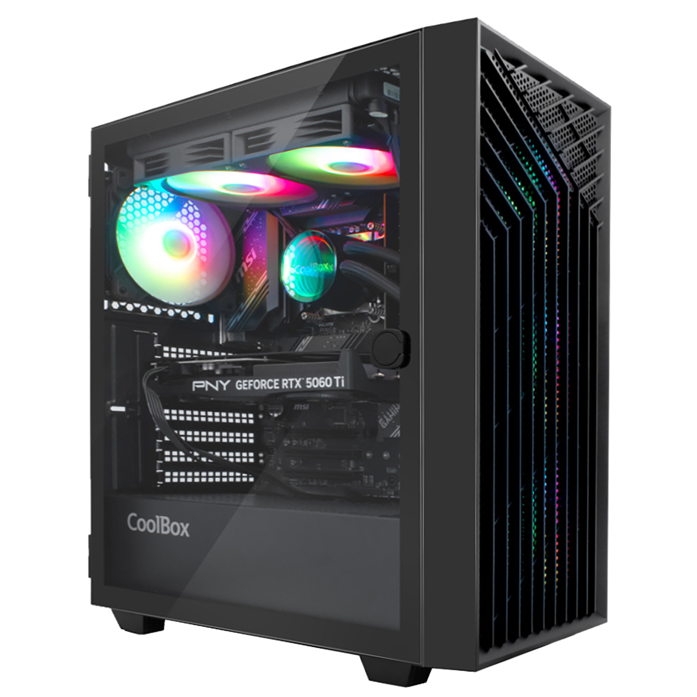 Torre de PC negra con ventana de cristal, mostrando ventiladores coloridos y una tarjeta gráfica.