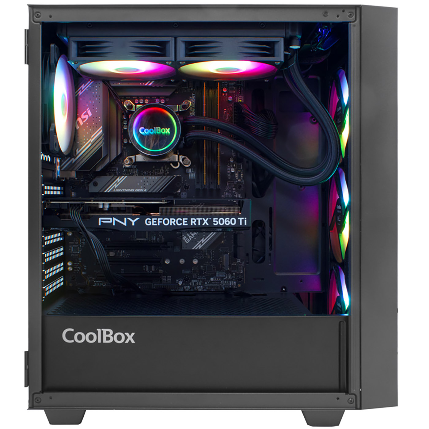 Torre de PC abierta con ventiladores RGB, tarjeta gráfica y placa base.