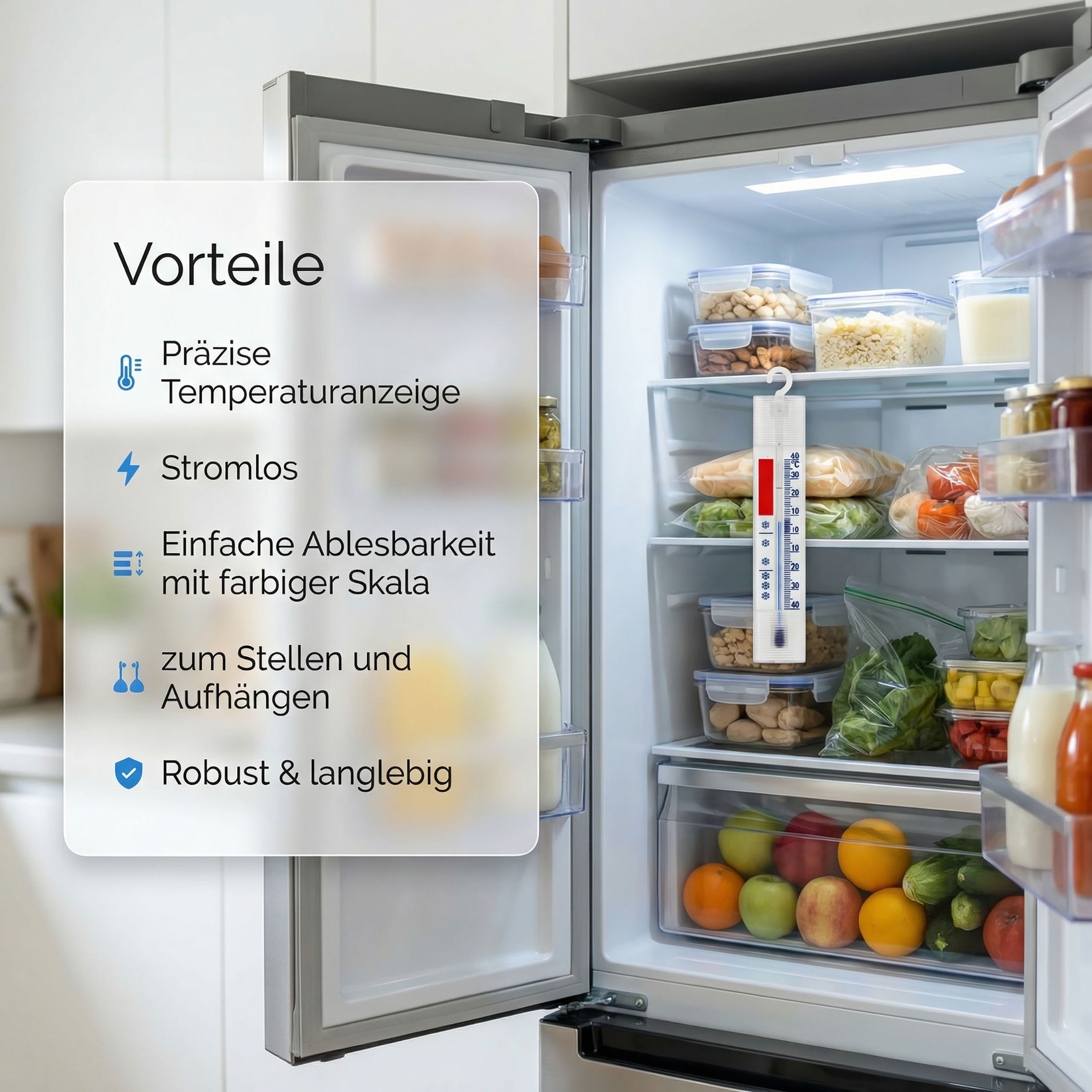 Ein offener Kühlschrank mit einem Thermometer und Lebensmitteln darin.