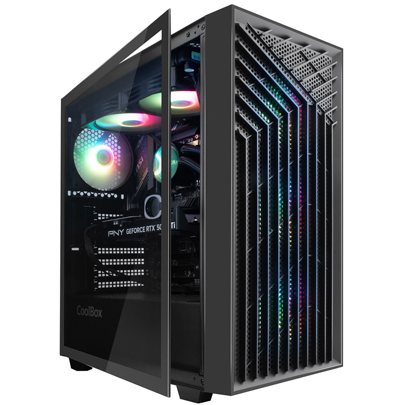 Torre de PC negra con frontal de cristal, ventiladores iluminados y tiras RGB.