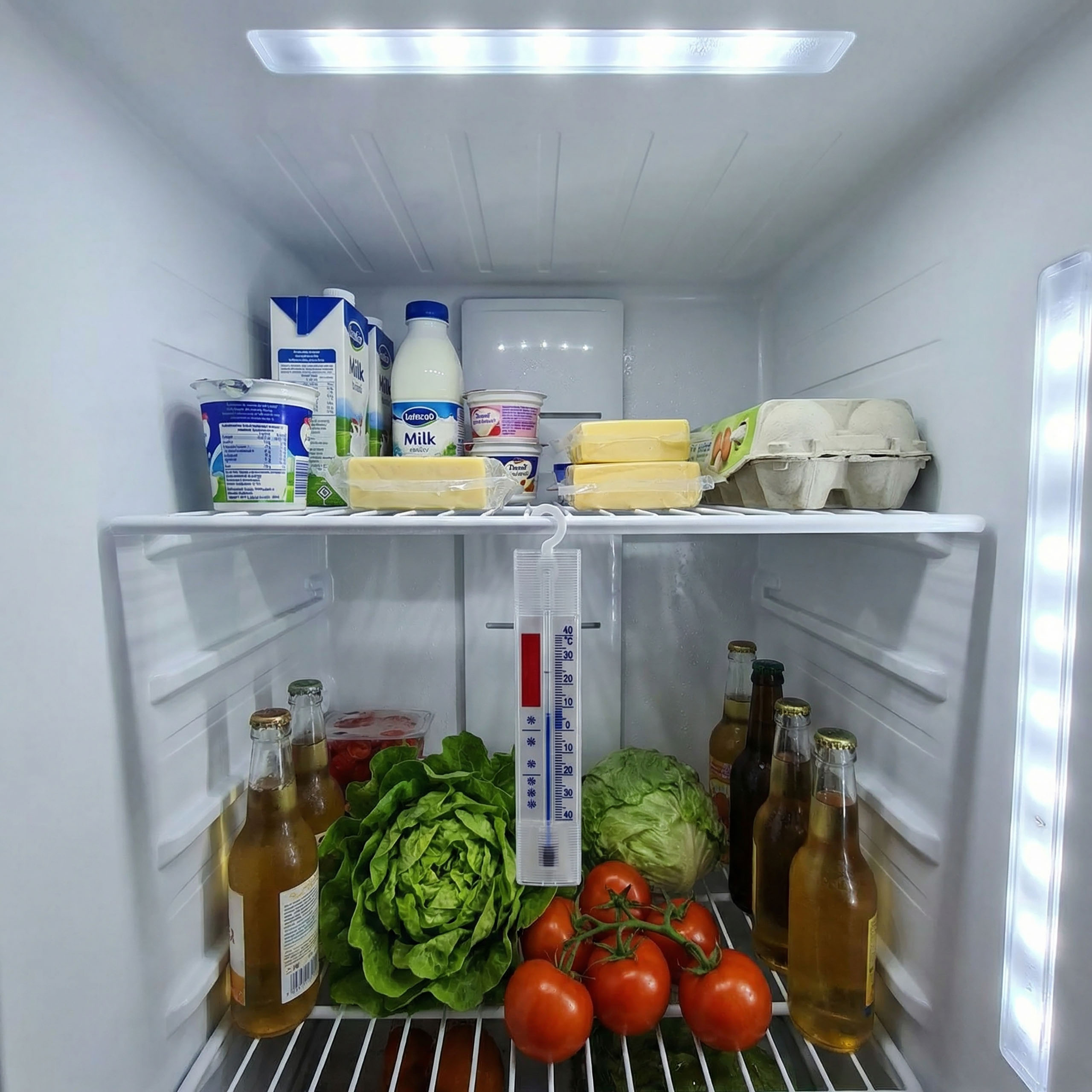 Kühlschrank mit Milch, Joghurt, Eiern, Butter, Gemüse, Tomaten und Flaschen.