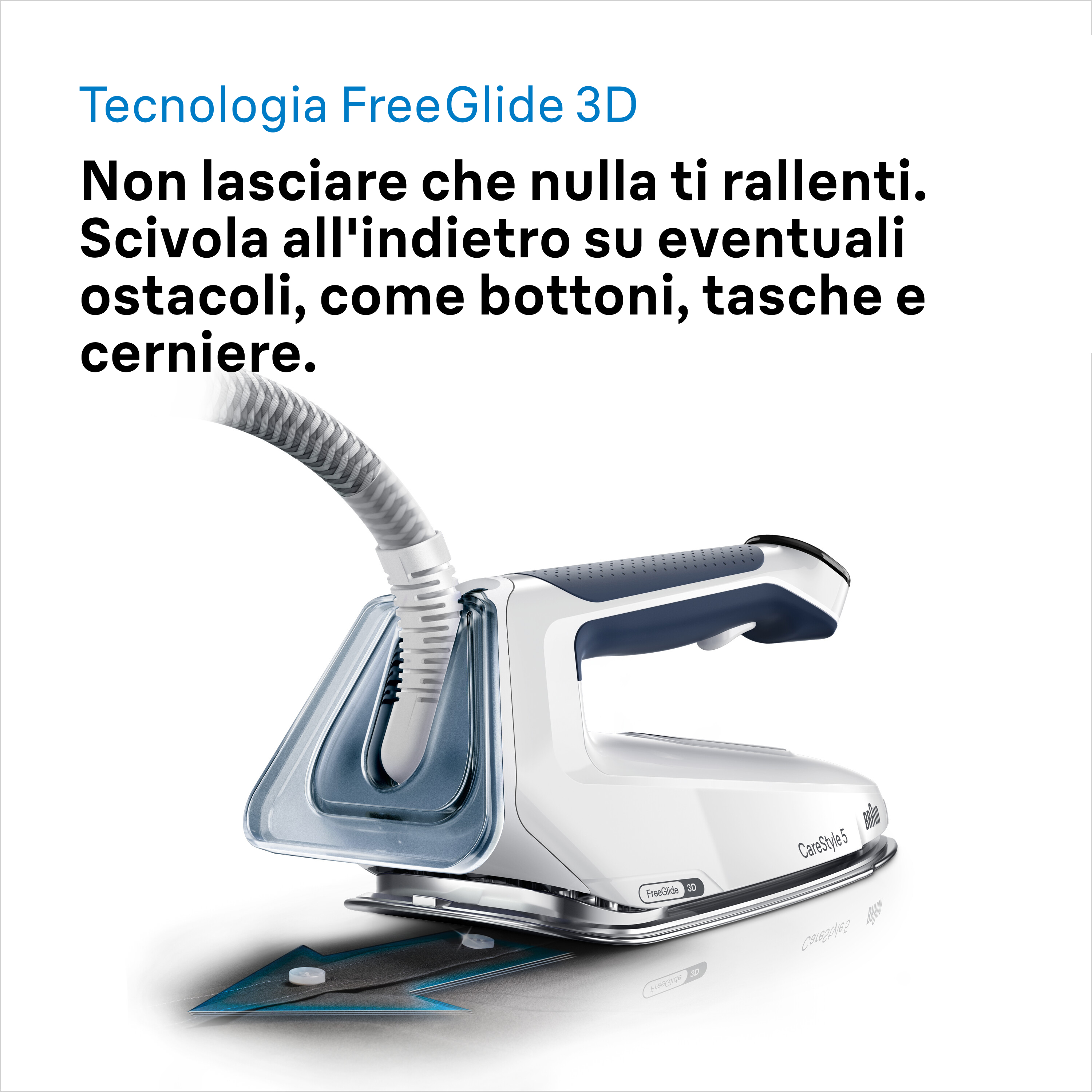Ein weißes und blaues Dampfbügeleisen mit "FreeGlide 3D"-Technologie auf weißem Hintergrund.