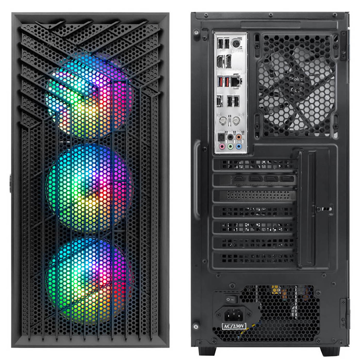 Una caja de PC con ventiladores RGB delante y conexiones detrás.