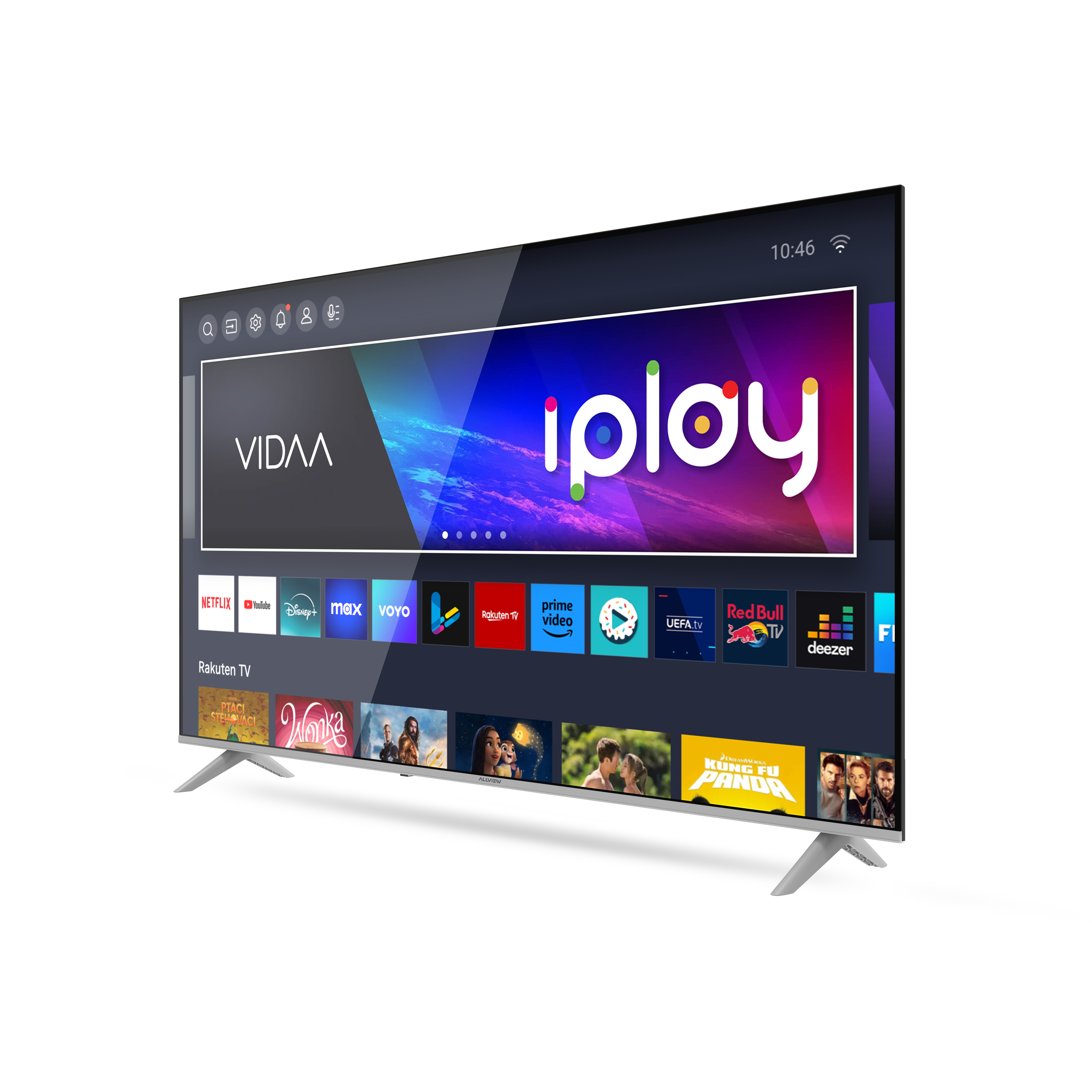 Un téléviseur moderne affichant une interface Smart TV avec des apps et affiches.