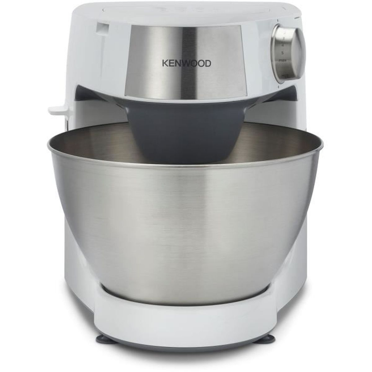 Eine weiße Kenwood Küchenmaschine mit Edelstahlschüssel und schwarzem Einsatz.