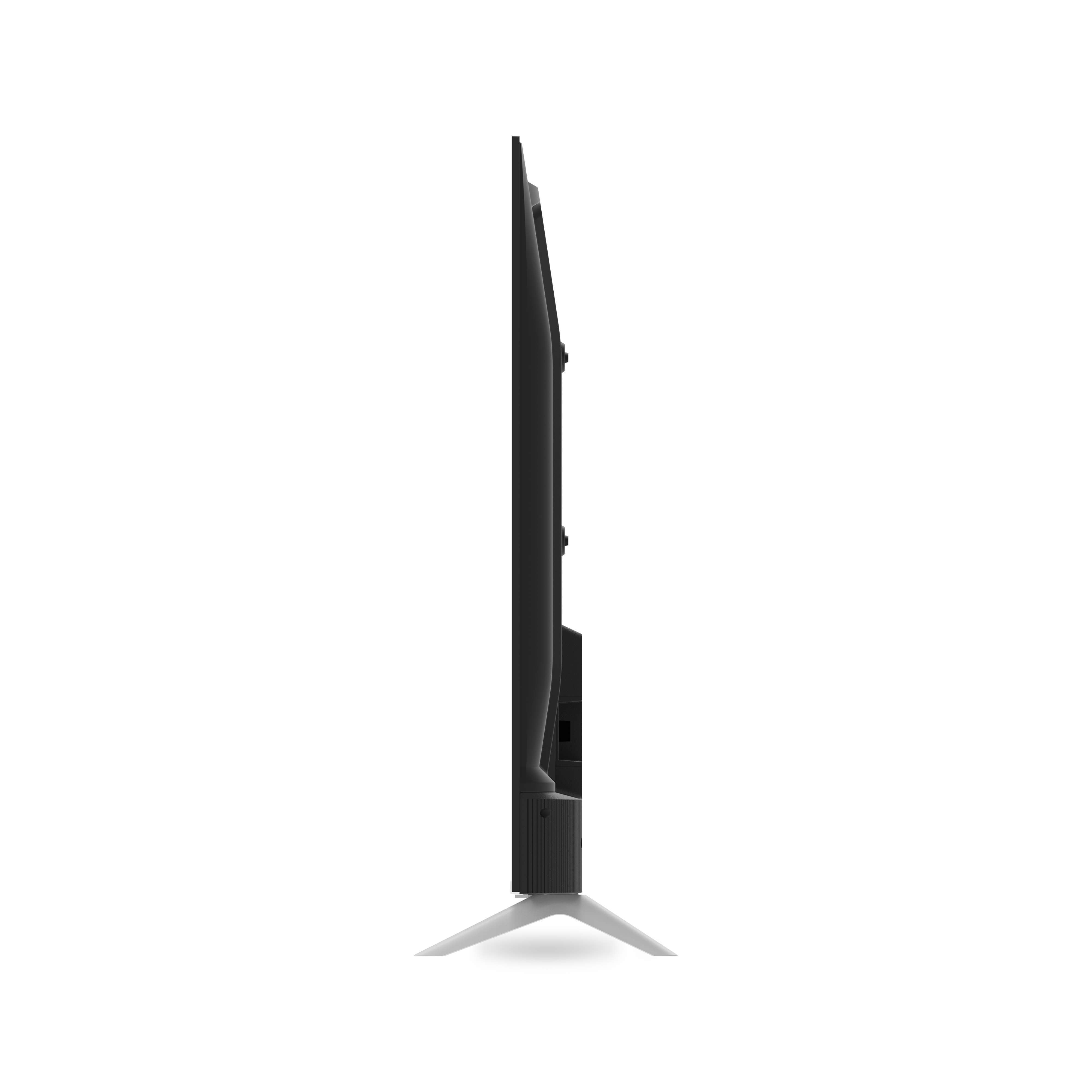 Vue latérale d'un téléviseur noir fin avec un pied argenté.