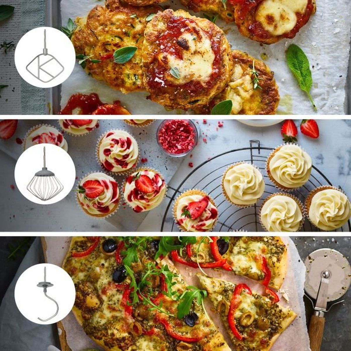 Drei Ebenen mit Lebensmitteln: herzhafte Muffins, Cupcakes und Pizza. Küchengeräte-Aufsätze.