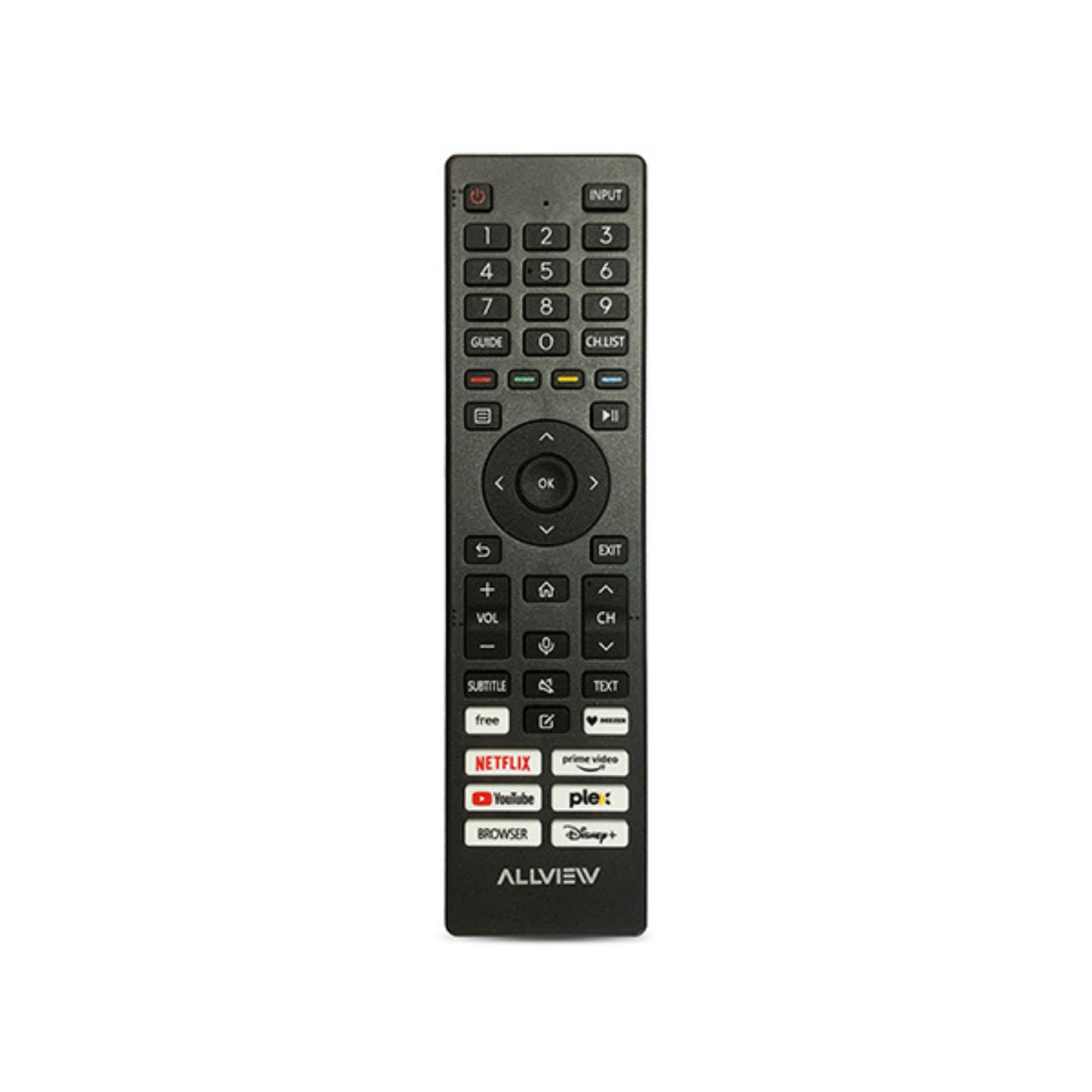 Une télécommande noire avec des boutons numérotés, de navigation et des boutons d'applications.