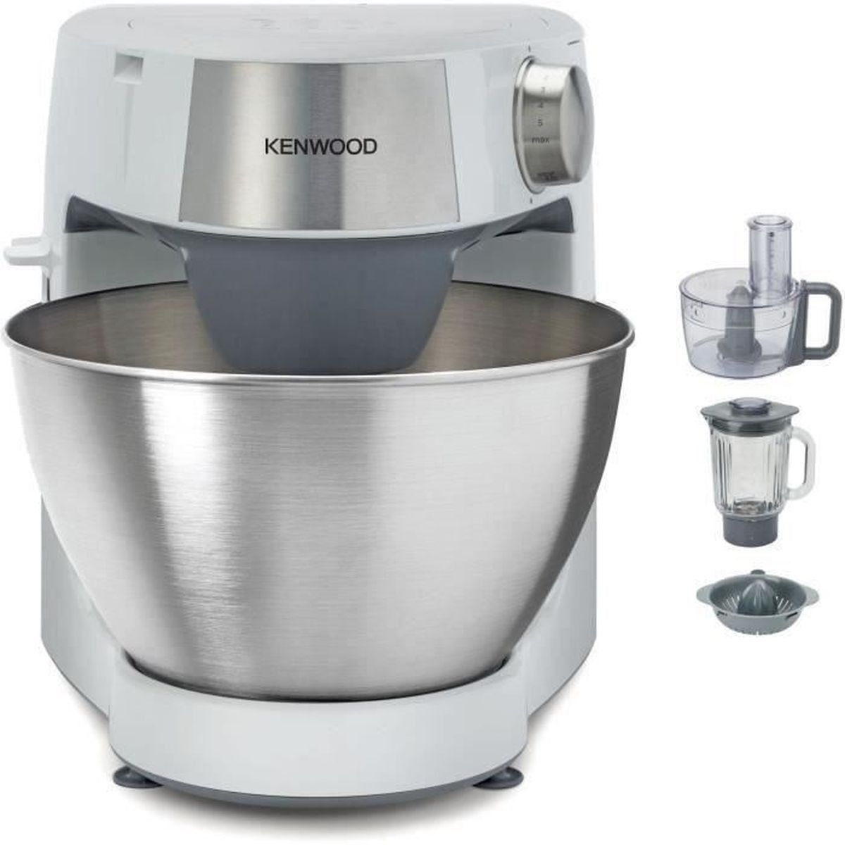 Ein weißer Kenwood Küchenmaschinen-Standmixer mit Edelstahlschüssel und Zubehör.
