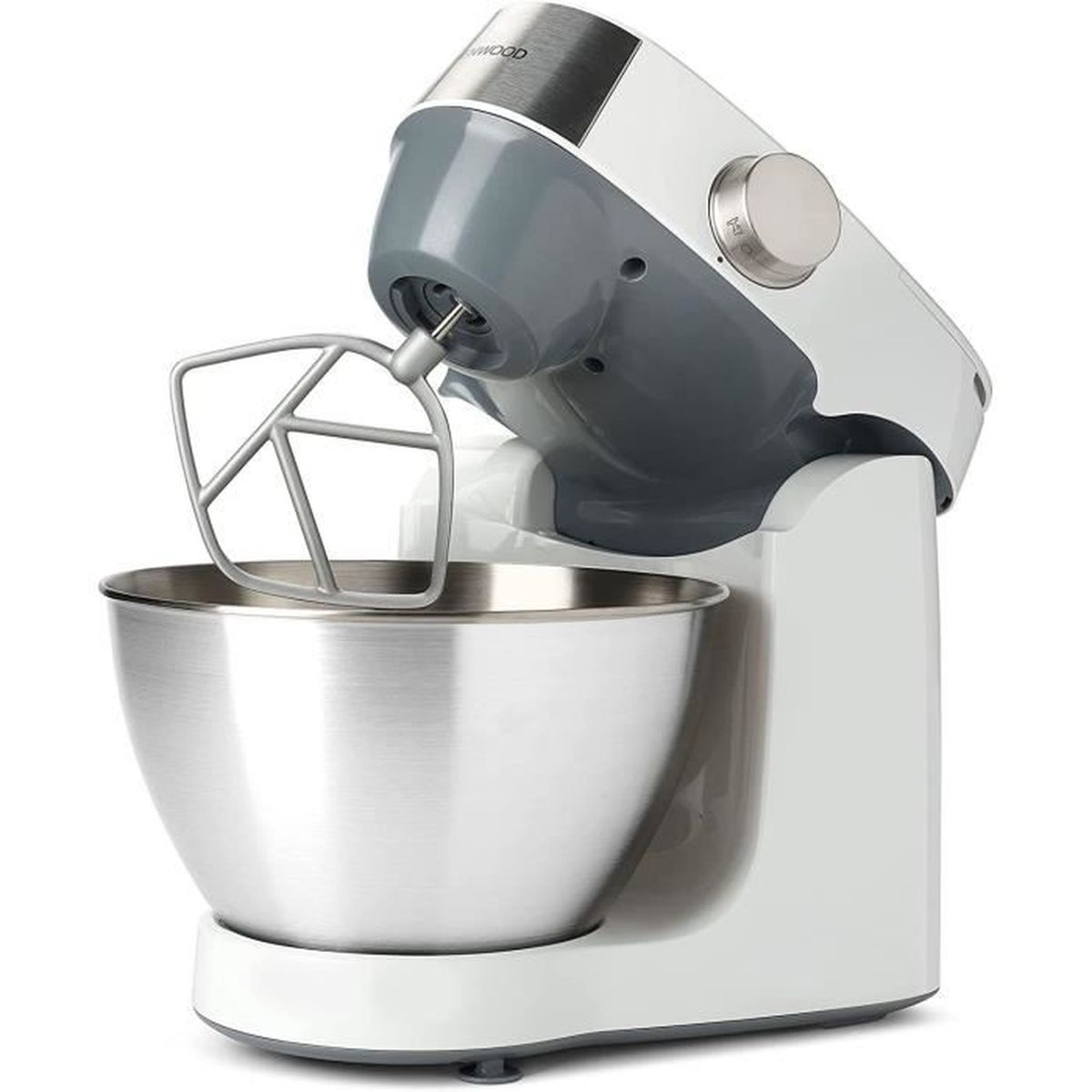 Ein weißer und grauer Kenwood Küchenmaschinen-Standmixer mit Edelstahlschüssel.