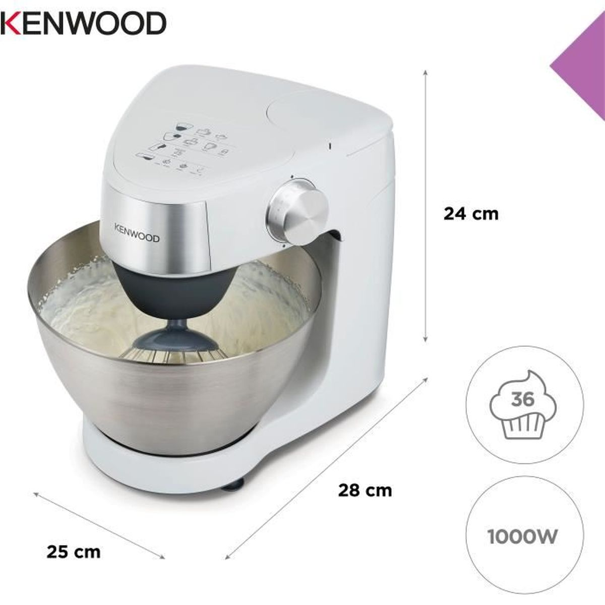 Weiße Kenwood Küchenmaschine mit Edelstahlschüssel und Schneebesen. Maße: 25x28x24cm.