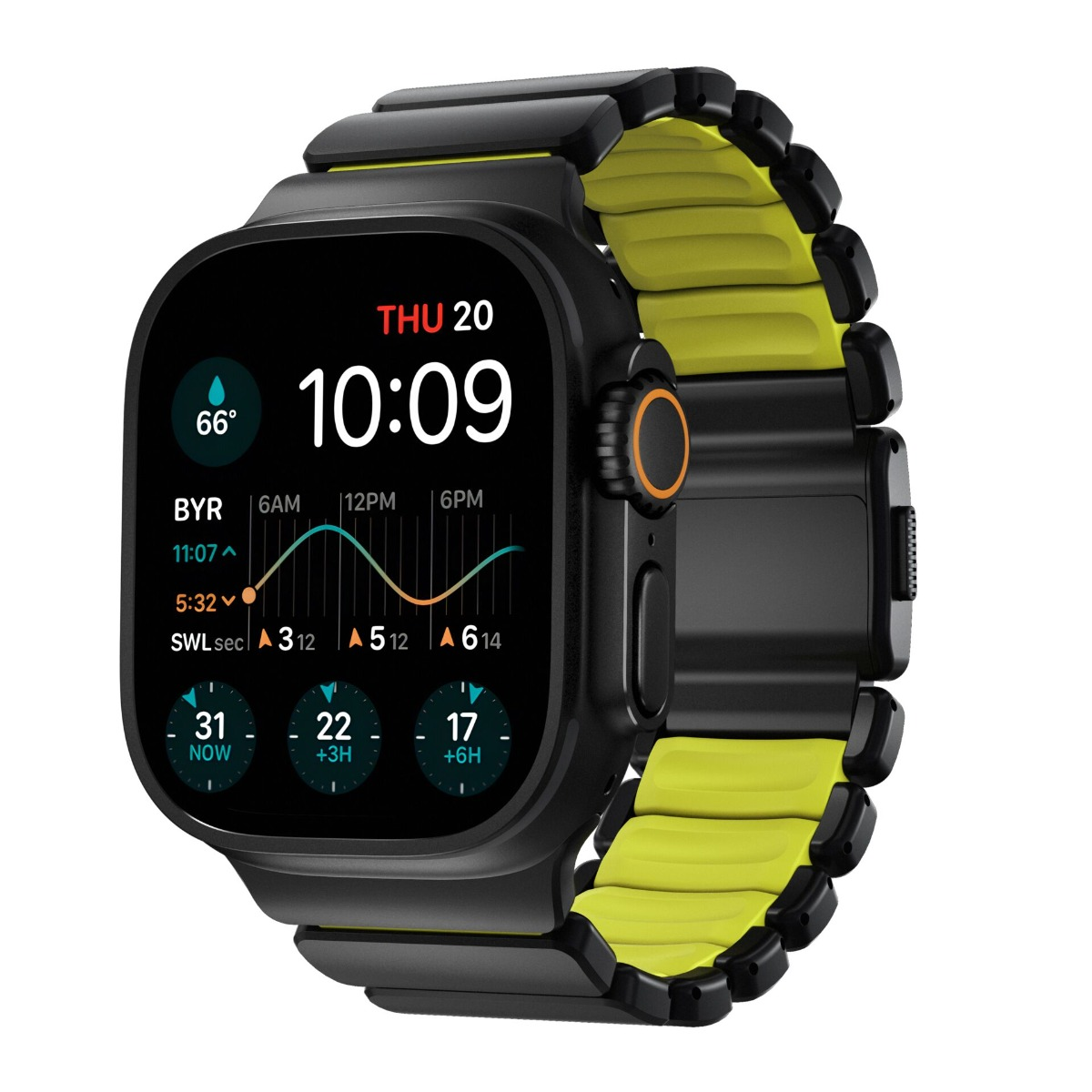 Eine schwarze Smartwatch mit gelbem Armband zeigt 10:09 Uhr, 66 Grad und eine Grafik.