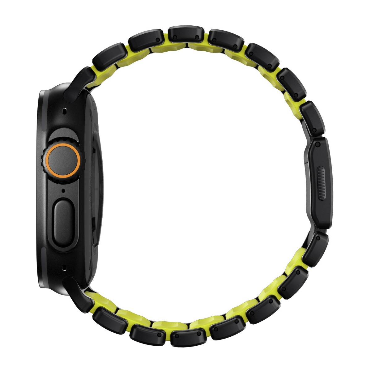 Schwarze Smartwatch mit gelb-schwarzem Armband auf weißem Hintergrund.