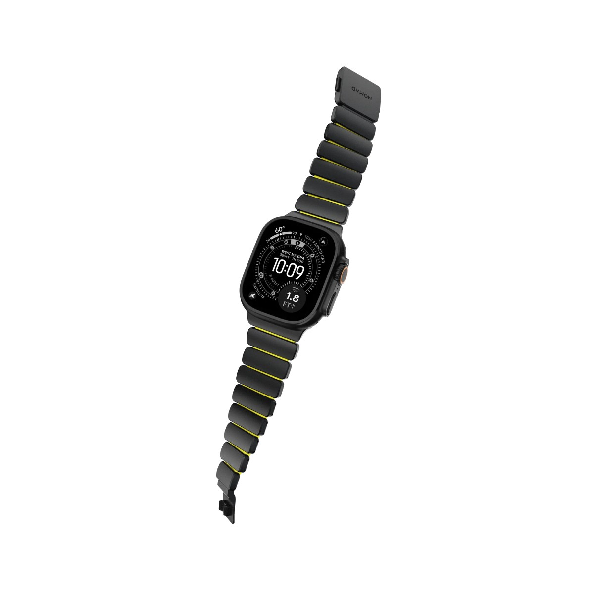 Eine schwarze Smartwatch mit gelben Akzenten und einem Metallarmband.