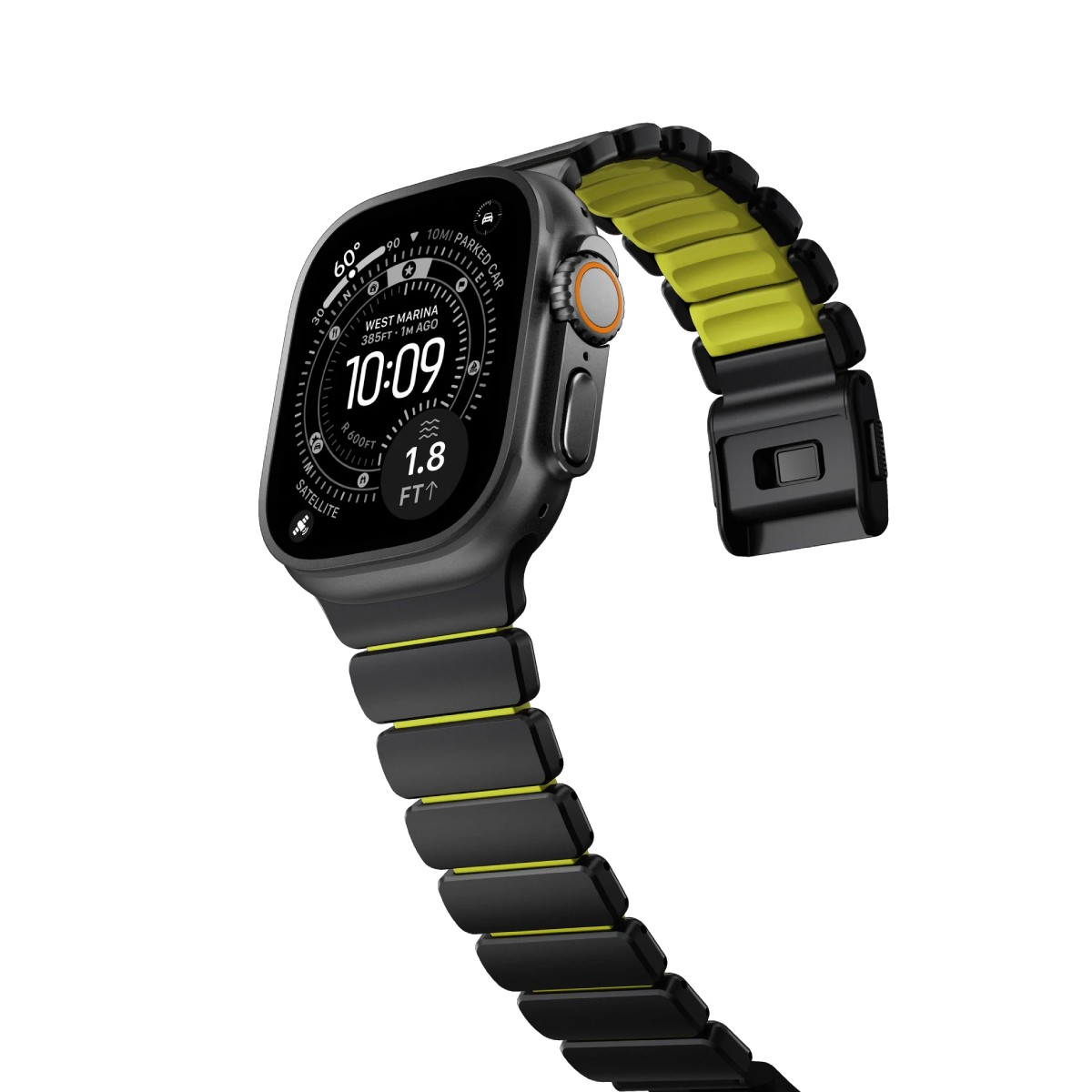 Graue Smartwatch mit gelben Akzenten und schwarzem Armband. Zeitanzeige 10:09.
