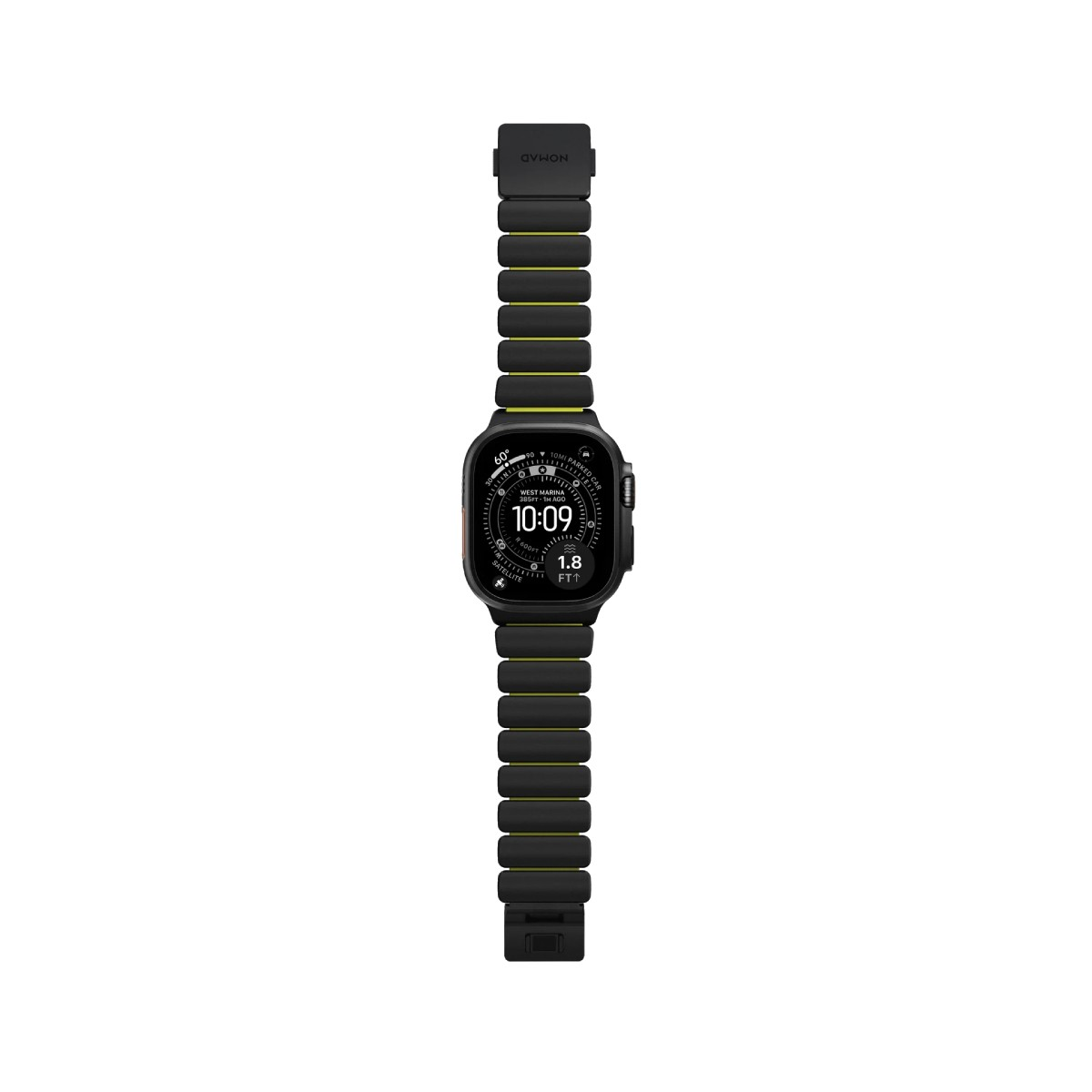 Eine schwarze Smartwatch mit schwarzem Armband und gelben Akzenten.