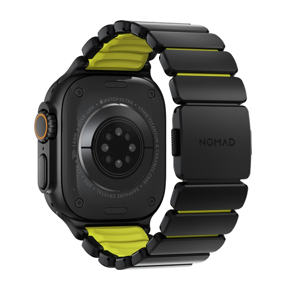Schwarze Smartwatch mit gelben Akzenten und schwarzem Armband mit Nomad-Logo.