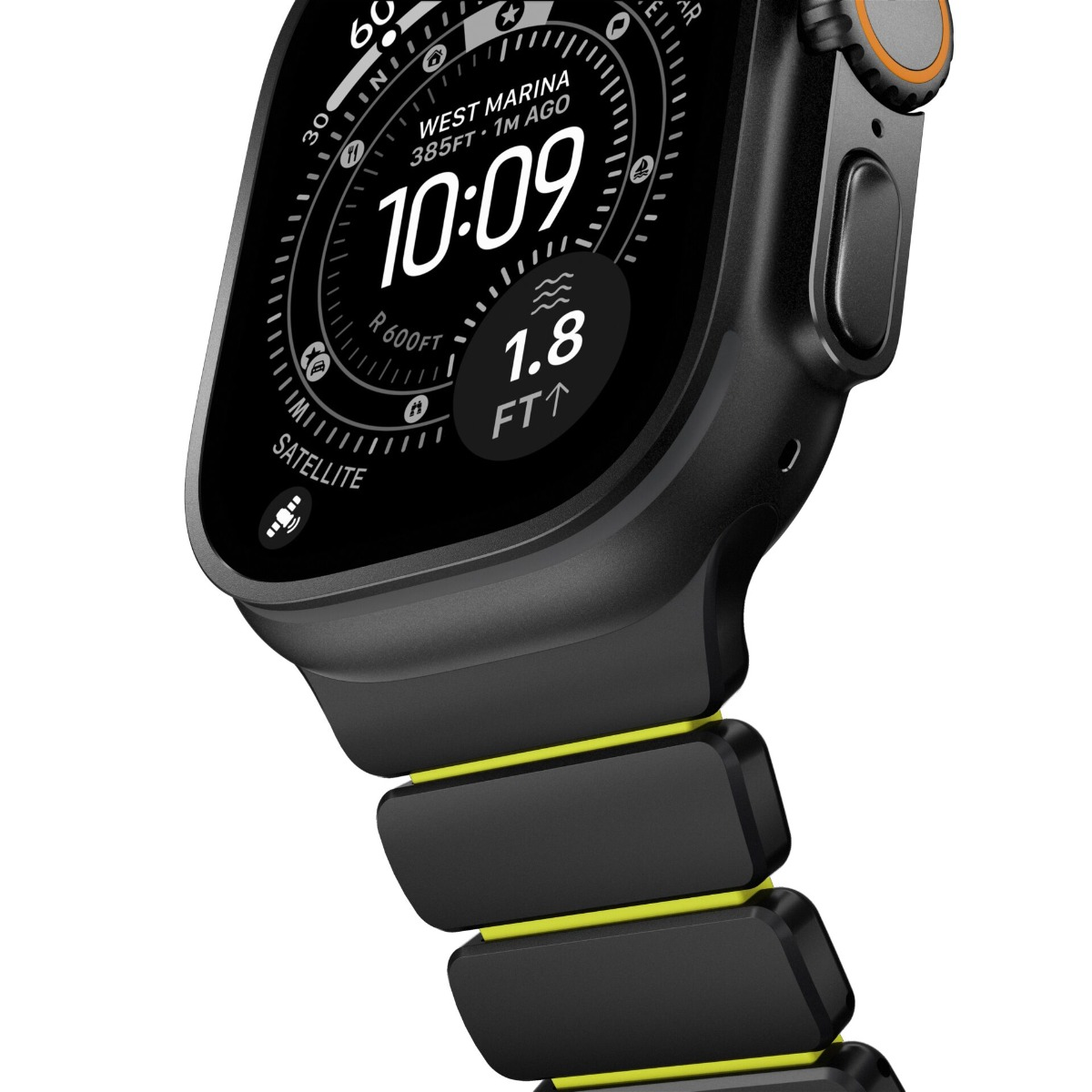 Schwarze Smartwatch mit gelben Akzenten, die 10:09 Uhr anzeigt.