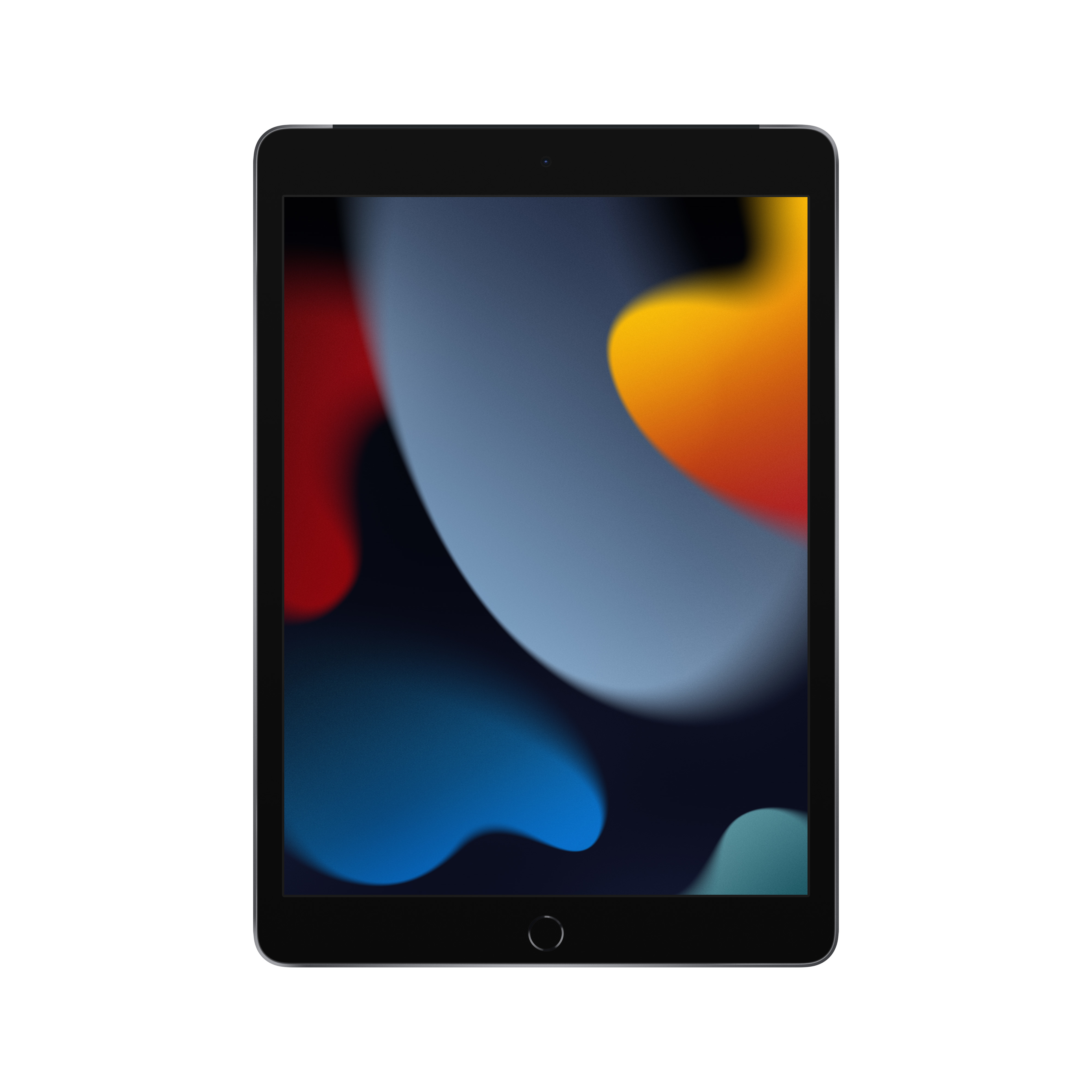 Ekranında renkli, soyut duvar kağıdı bulunan siyah bir tablet.