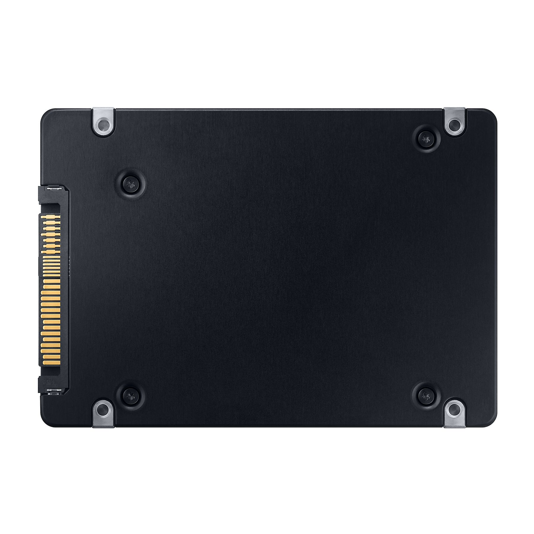Schwarze SSD mit goldenen Anschlüssen und Schrauben auf weißem Hintergrund.