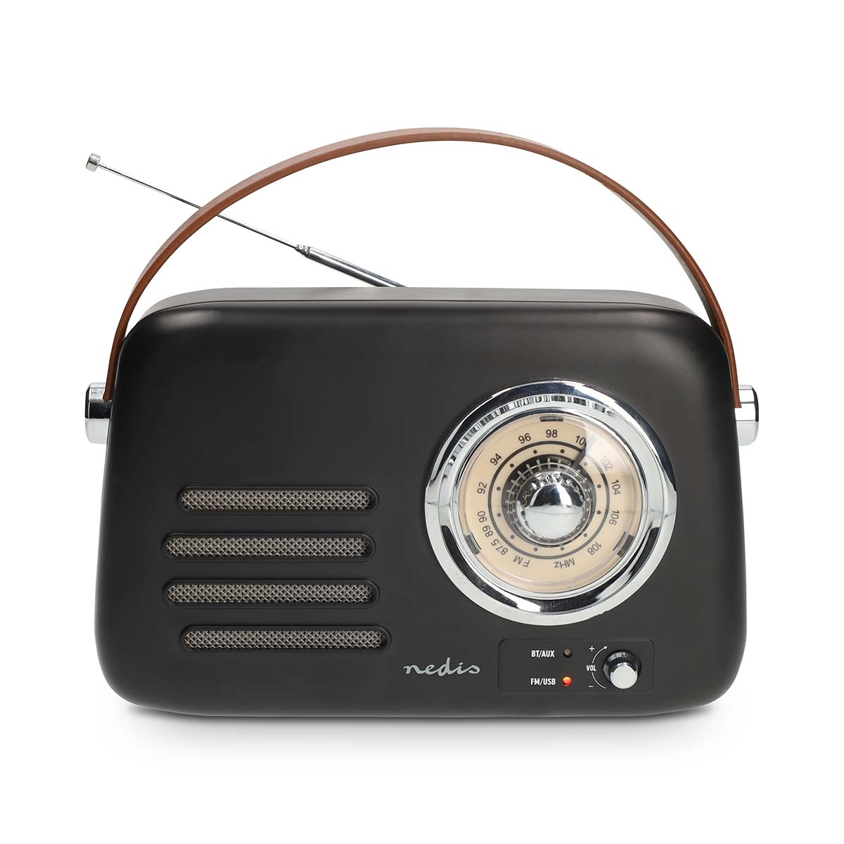 Zwarte retro radio met bruin leren handvat, antenne en zilveren draaiknop.