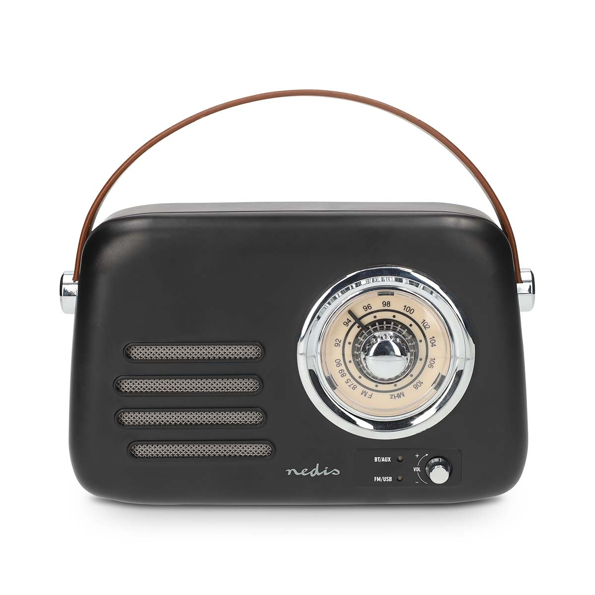 Een zwarte retro radio met bruin leren handvat en zilveren accenten.