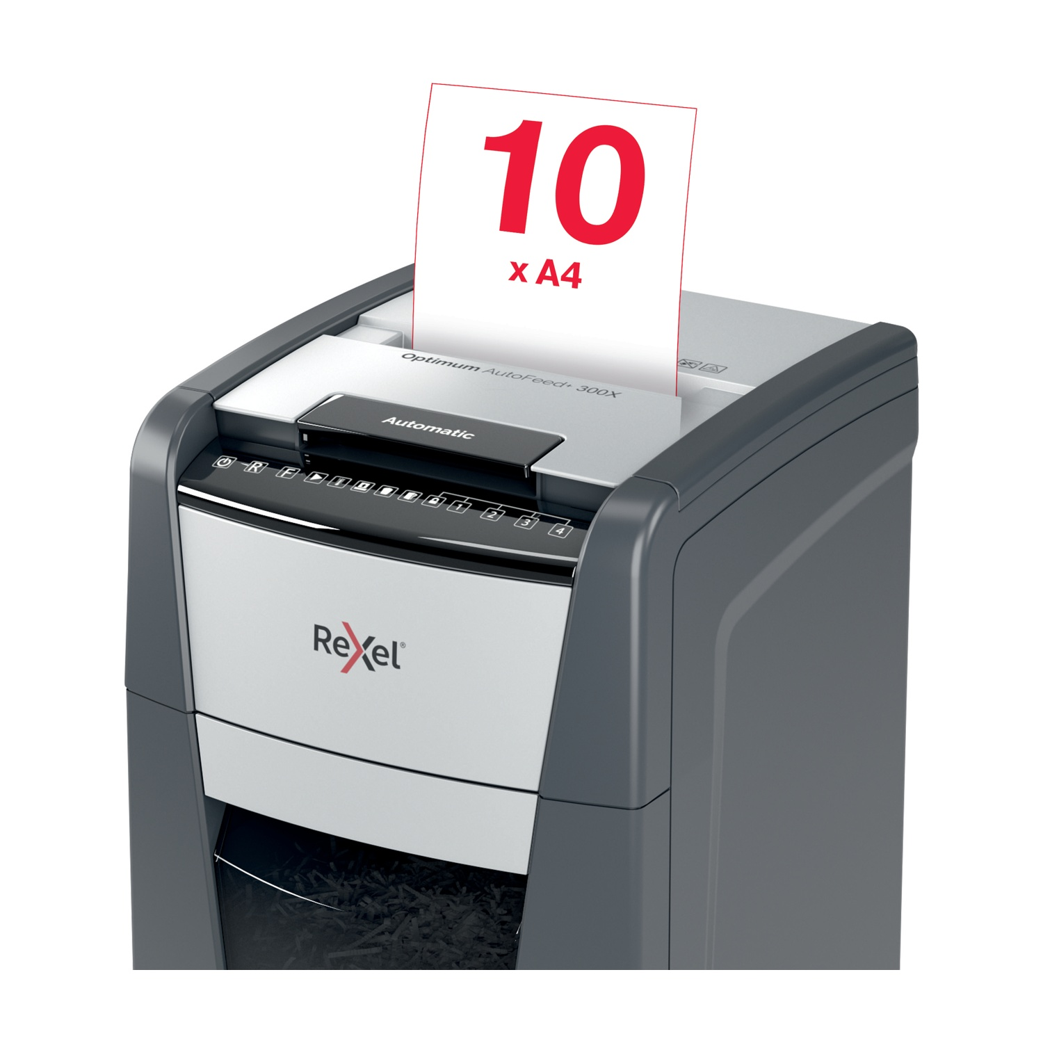 Ein Rexel Aktenvernichter mit einem Stapel Papier mit der Aufschrift 10 x A4.