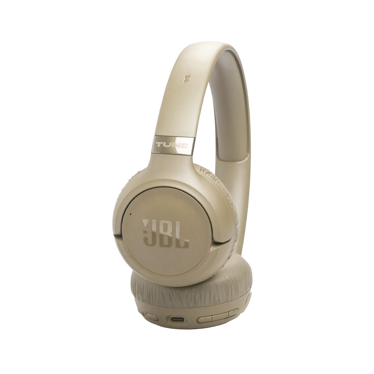 Złote słuchawki JBL z logo TUNE na białym tle.