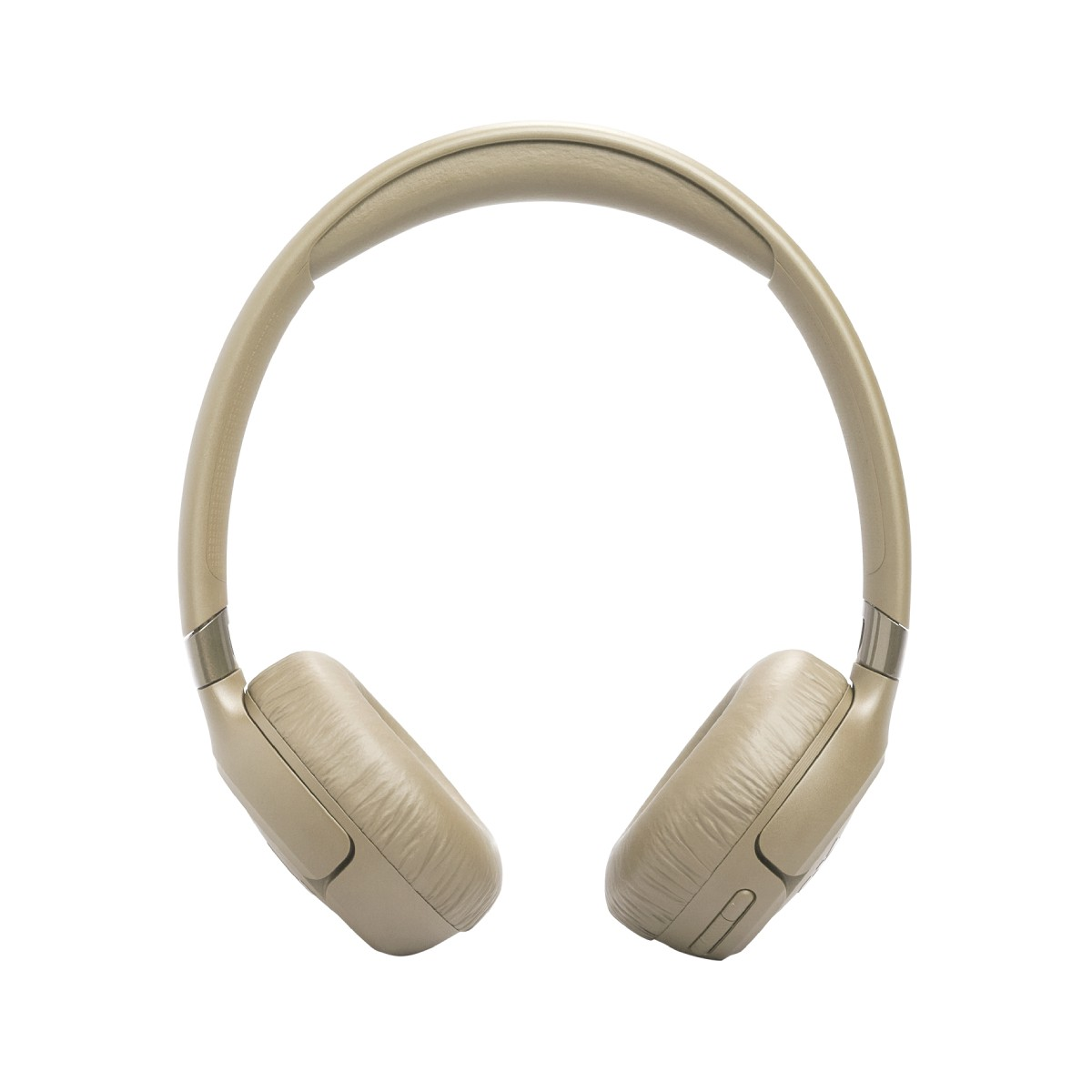 Beżowe słuchawki nauszne z teksturowanymi nausznikami i wyściełanym pałąkiem.