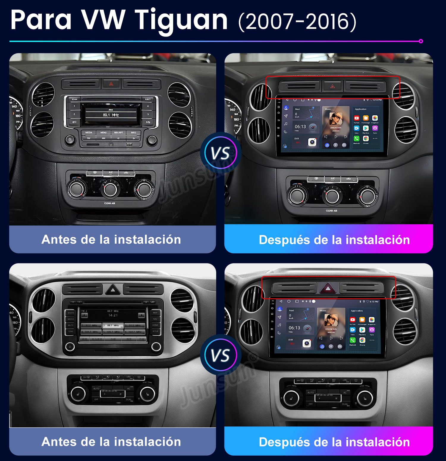 Salpicadero VW Tiguan: Comparación de radios de coche antes y después.
