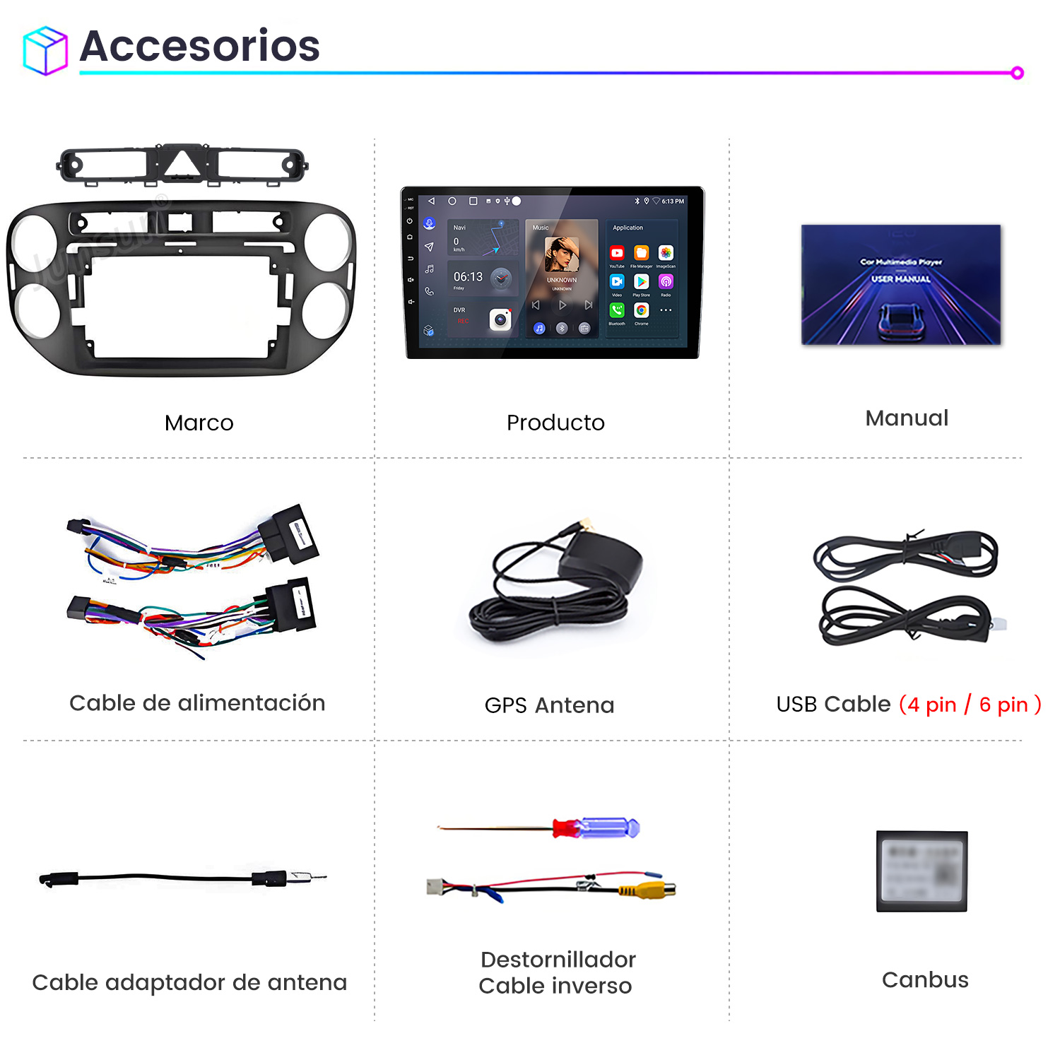 Accesorios: Marco, pantalla, manual, cables, antena, USB, herramienta, Canbus.