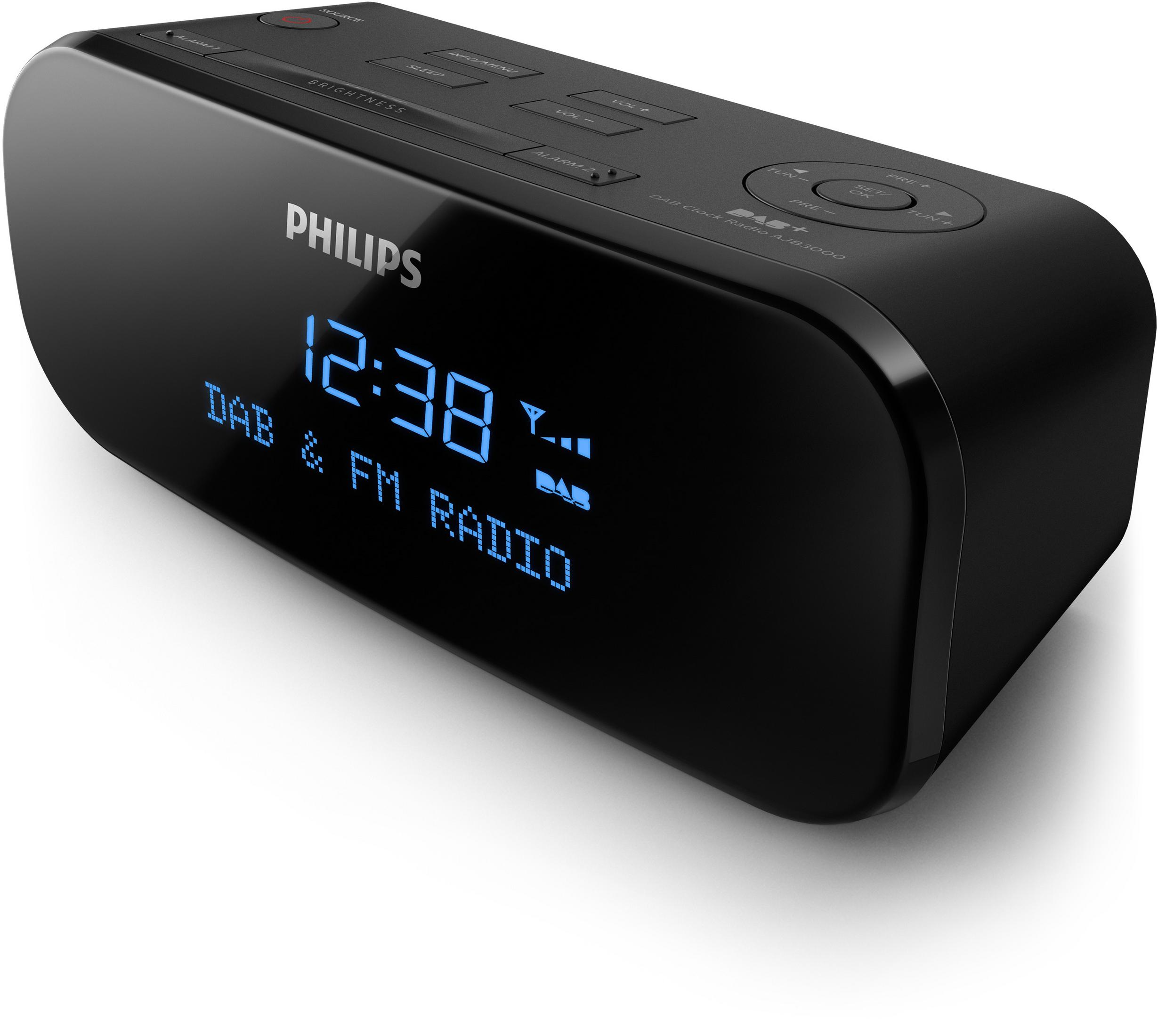 Radio sveglia DAB Philips nero con display digitale blu.