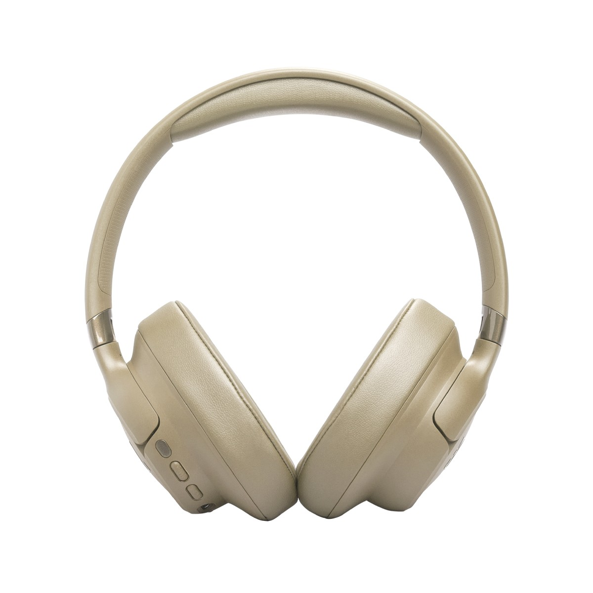 Cuffie beige over-ear con archetto imbottito, su sfondo bianco.