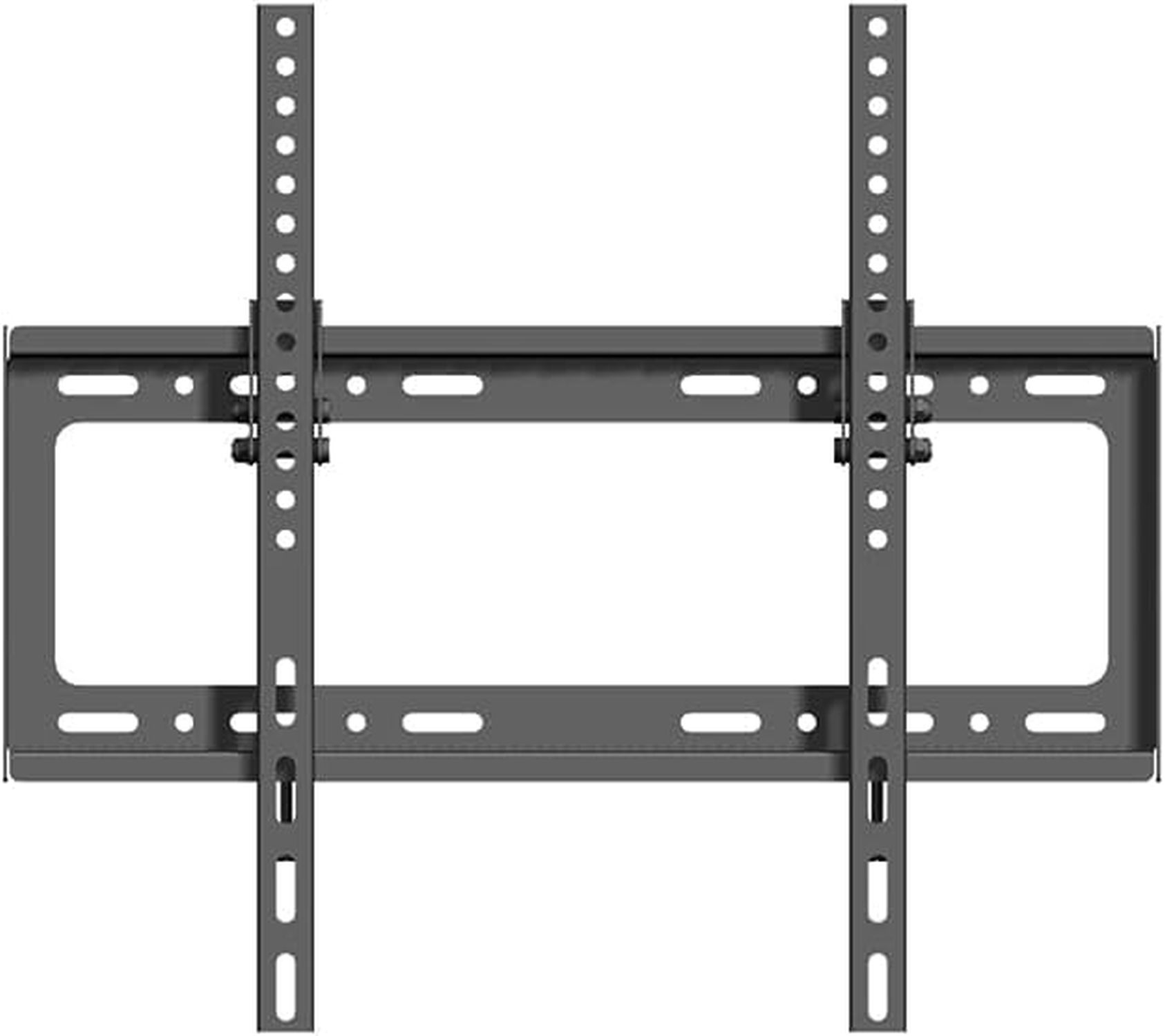Grauer TV-Wandhalter mit verstellbaren Armen und vielen Löchern.