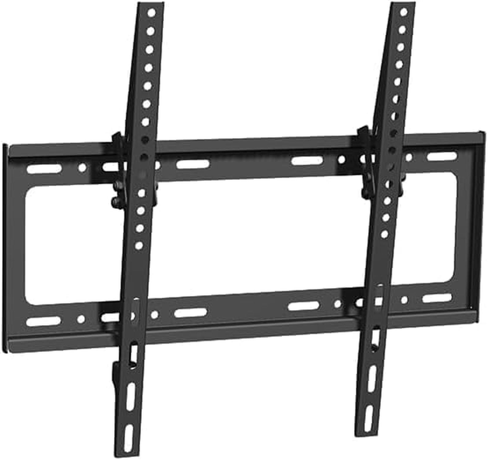 Eine schwarze TV-Wandhalterung mit verstellbaren Armen und vielen Löchern.