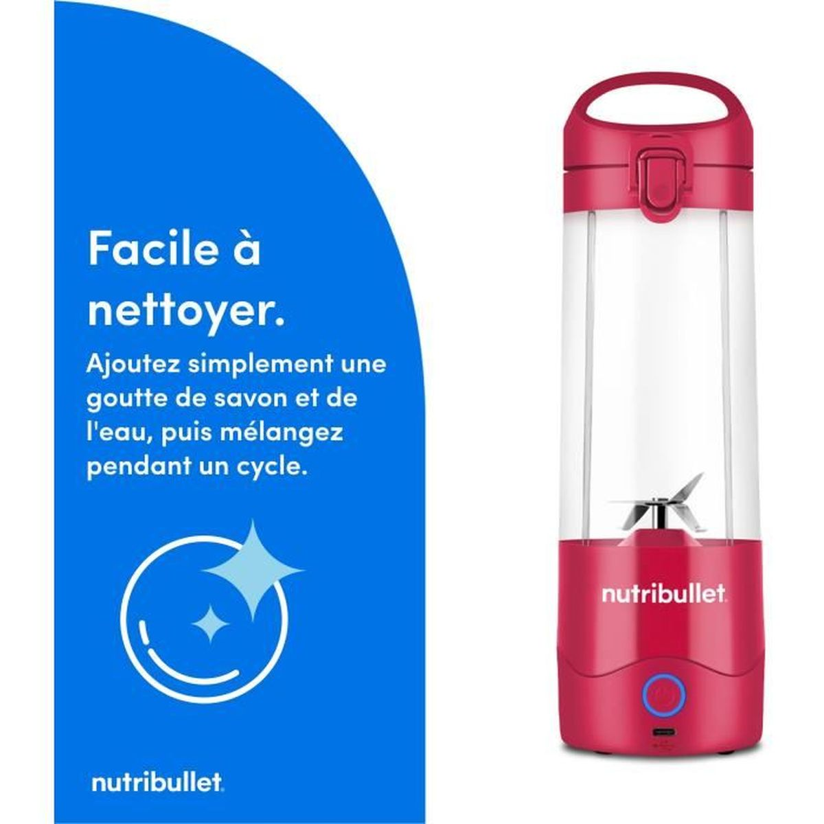 Czerwony blender Nutribullet z przezroczystym pojemnikiem i białym wieczkiem.