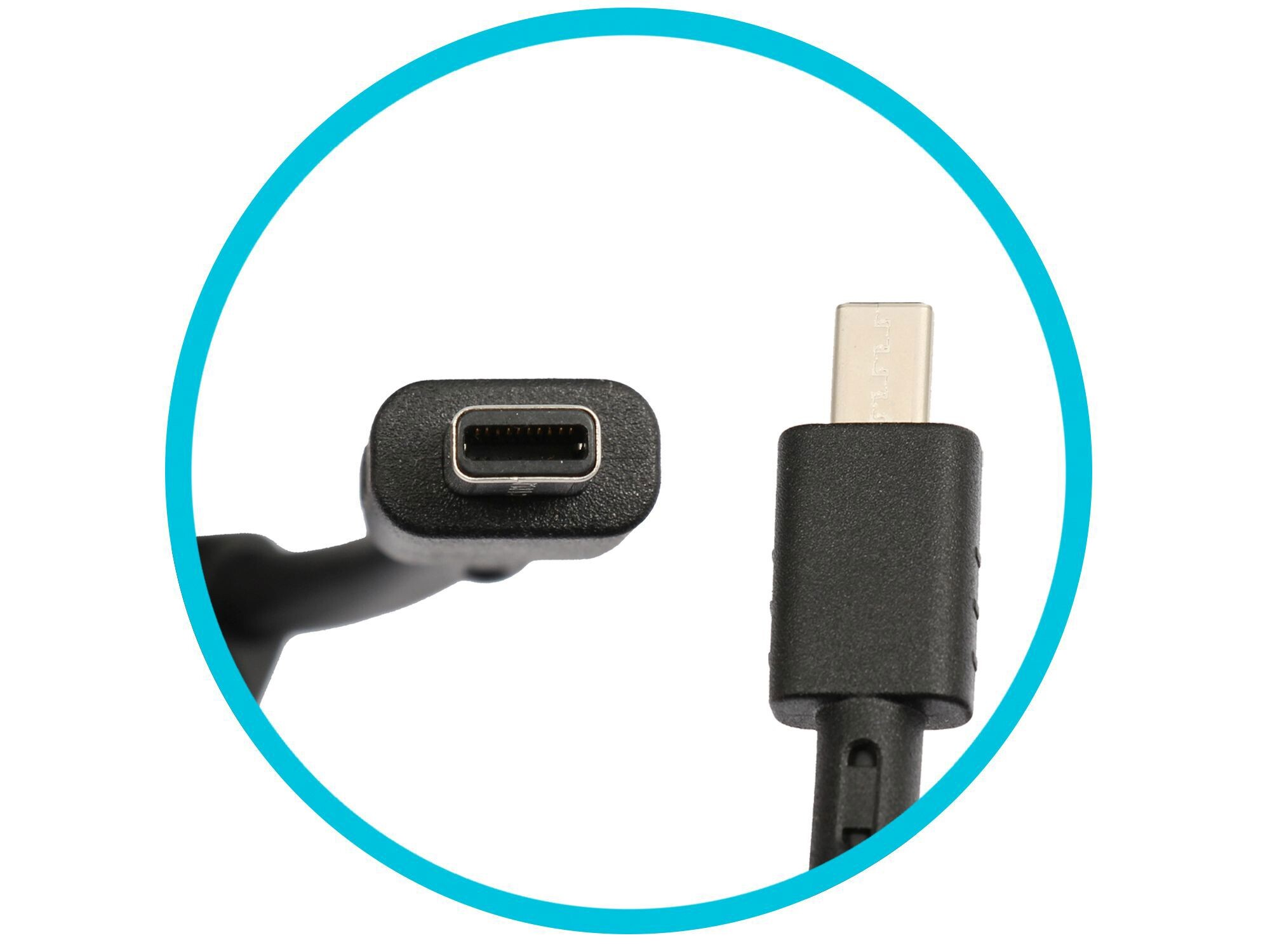 Ein schwarzes USB-C-Kabel und ein kleinerer Stecker im Kreis.
