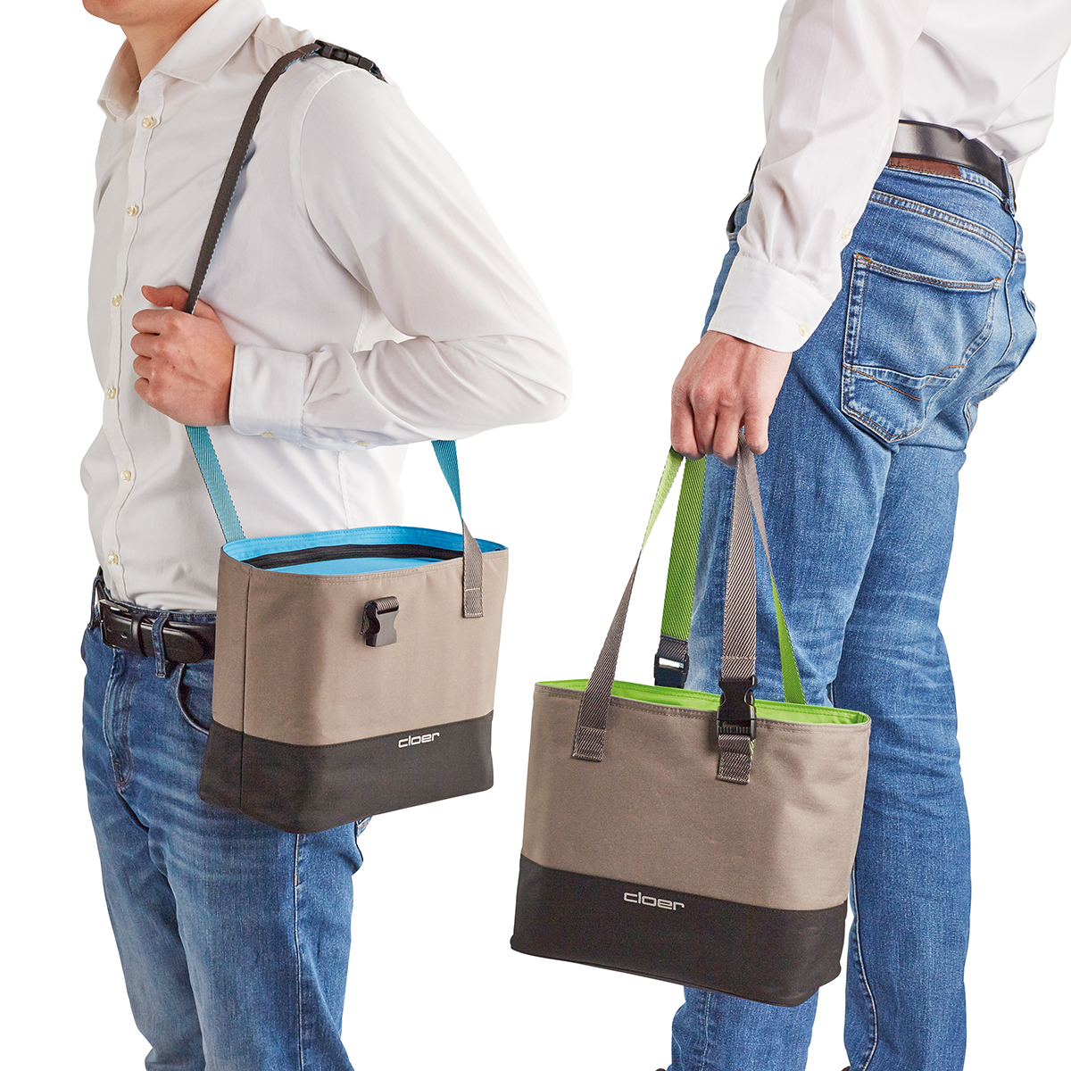Zwei Männer tragen beige und schwarze Taschen mit hellblauen und grünen Akzenten.