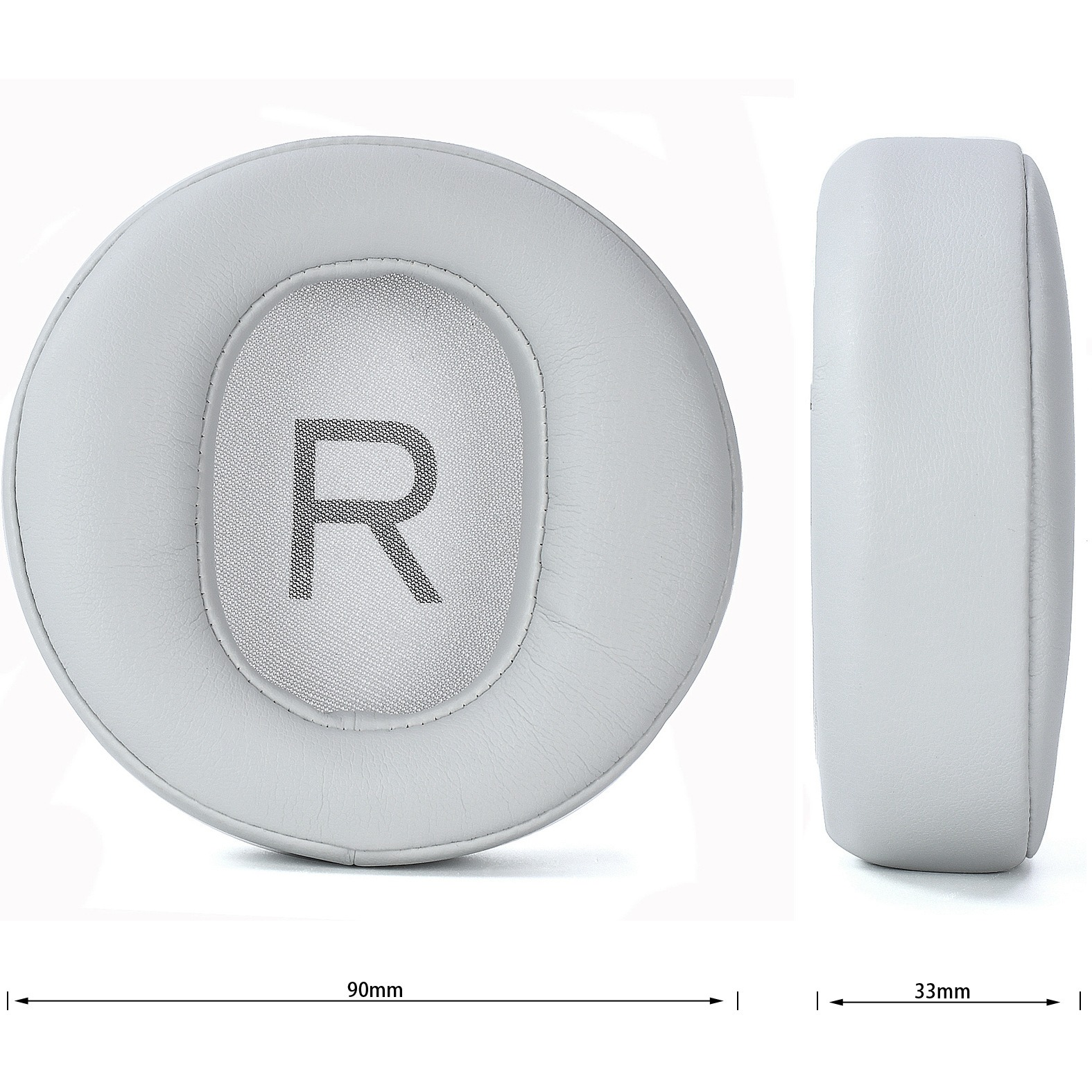 Weißes Ohrpolster mit Netzgewebe und 'R'-Markierung, 90mm und 33mm.