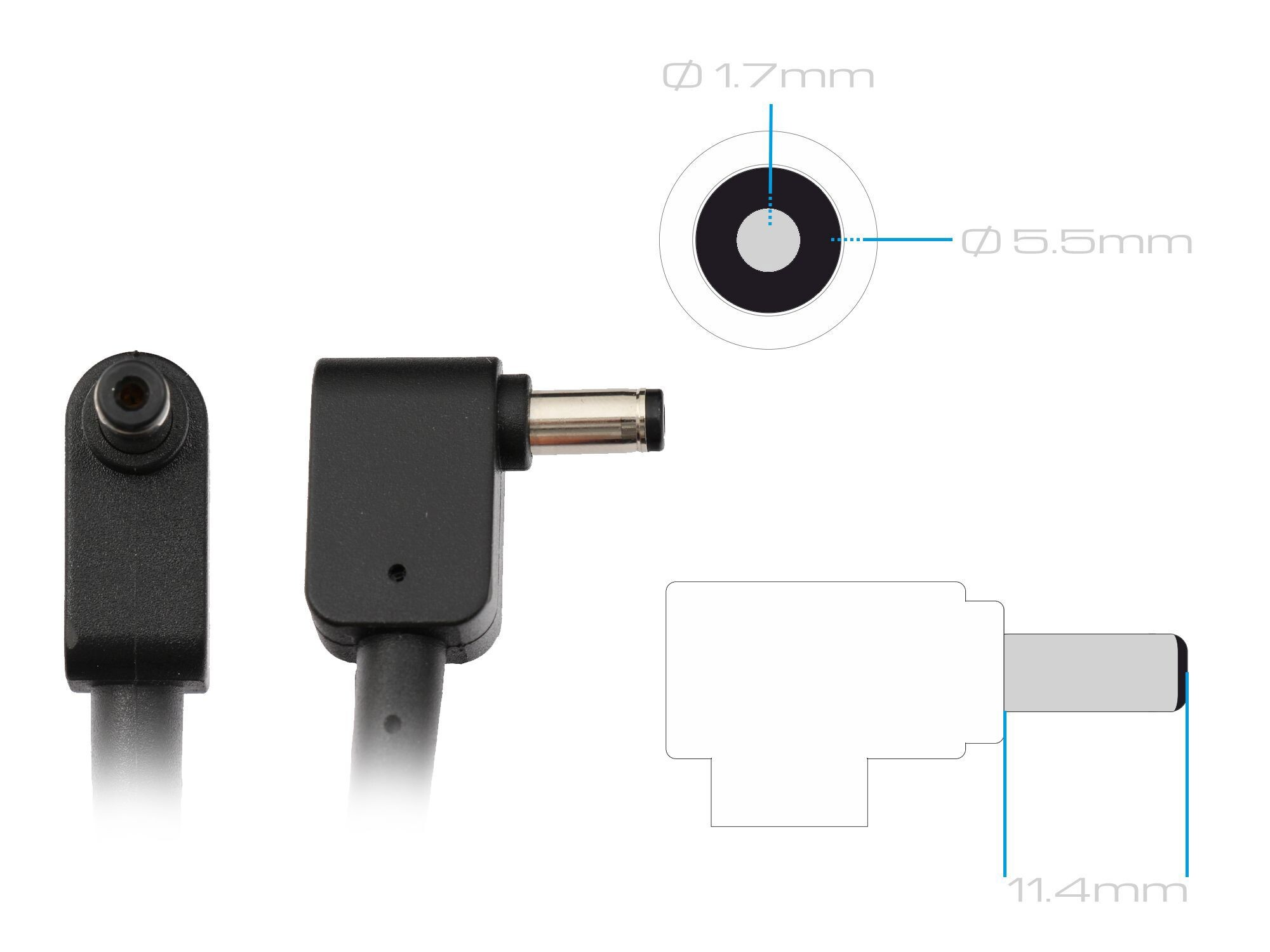 Detailansicht eines schwarzen Steckers mit Maßen 1,7 mm und 5,5 mm.