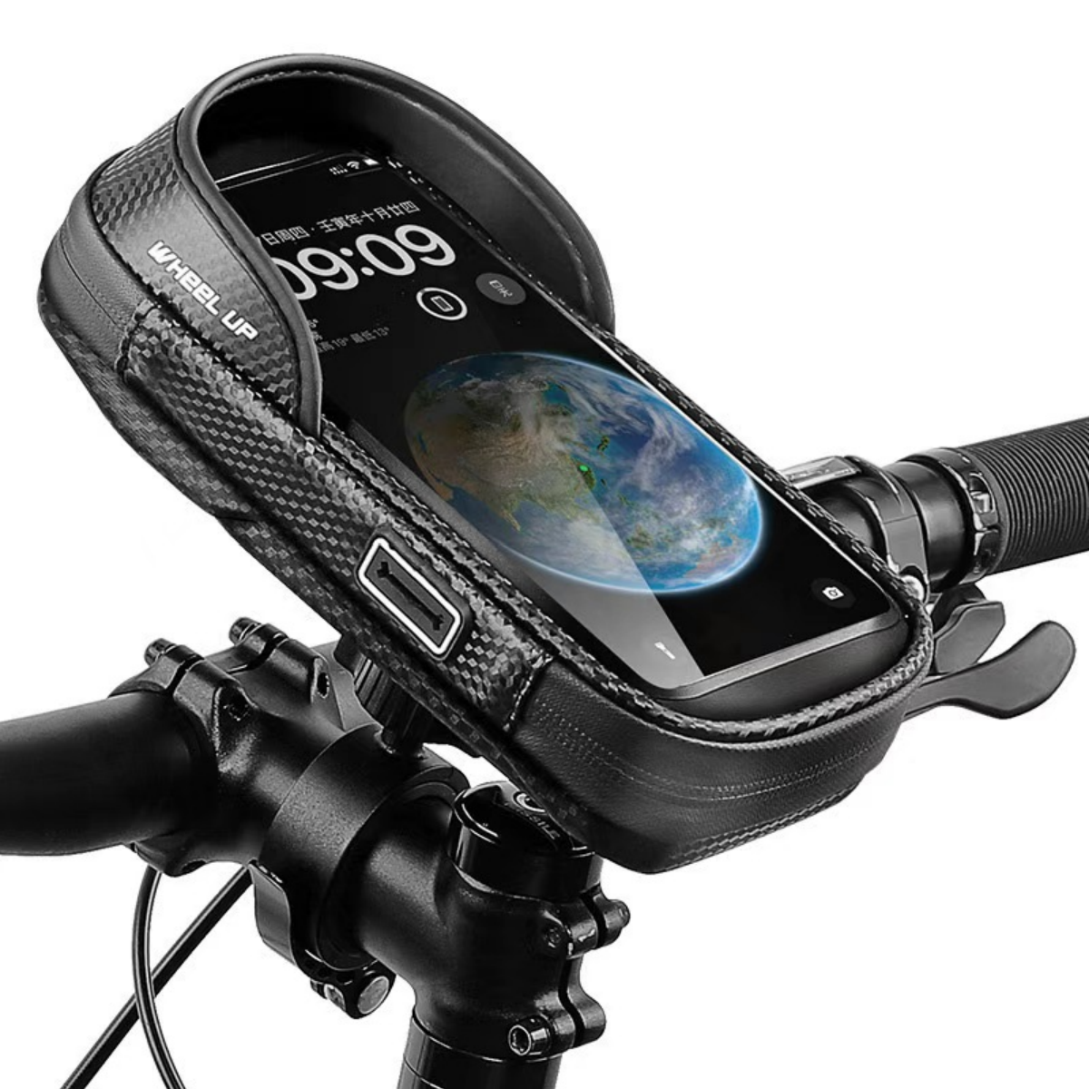Schwarze Fahrrad-Handytasche mit transparentem Fenster, das ein Smartphone zeigt.