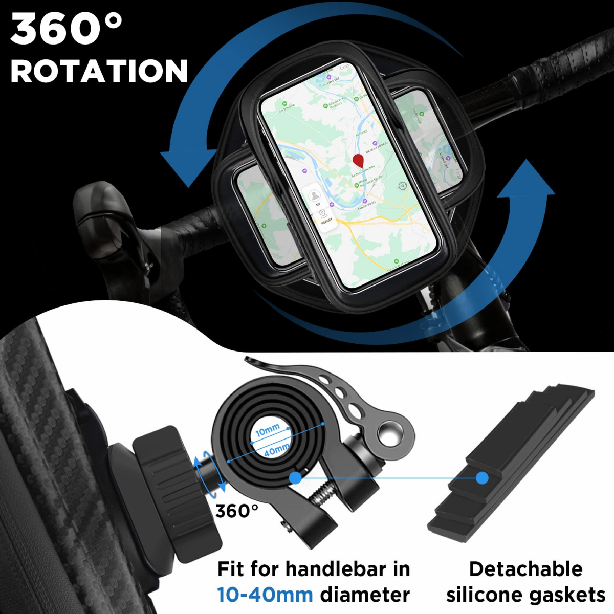 Fahrradhalterung mit 360 Grad Drehung, passend für 10-40mm Lenker.