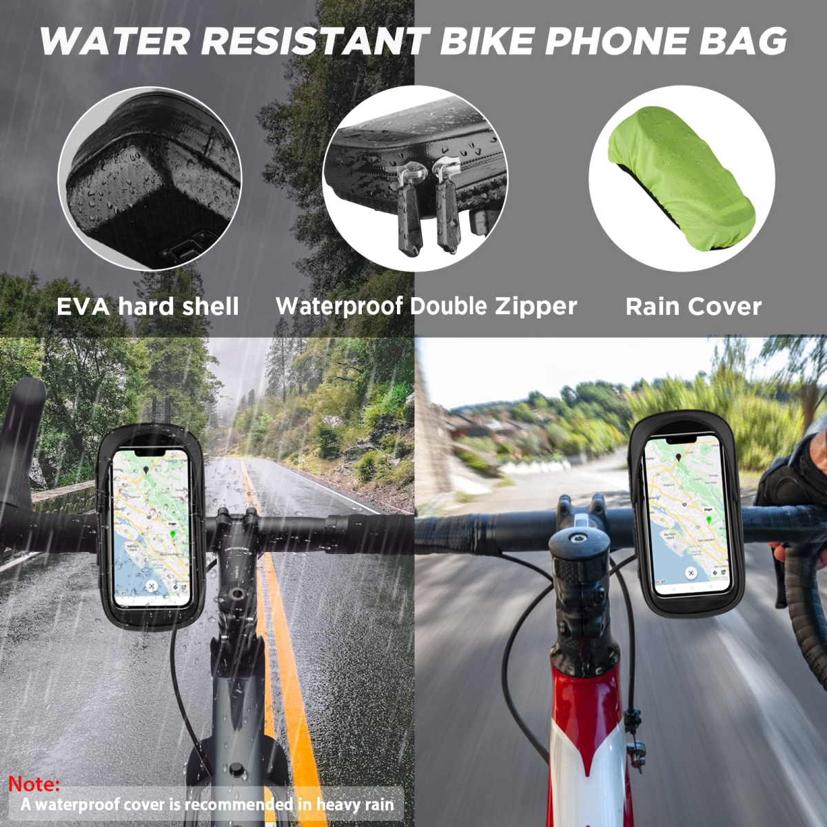 Wasserdichte Fahrrad-Handytasche mit EVA-Hartschale, Reißverschluss und Regenschutz.
