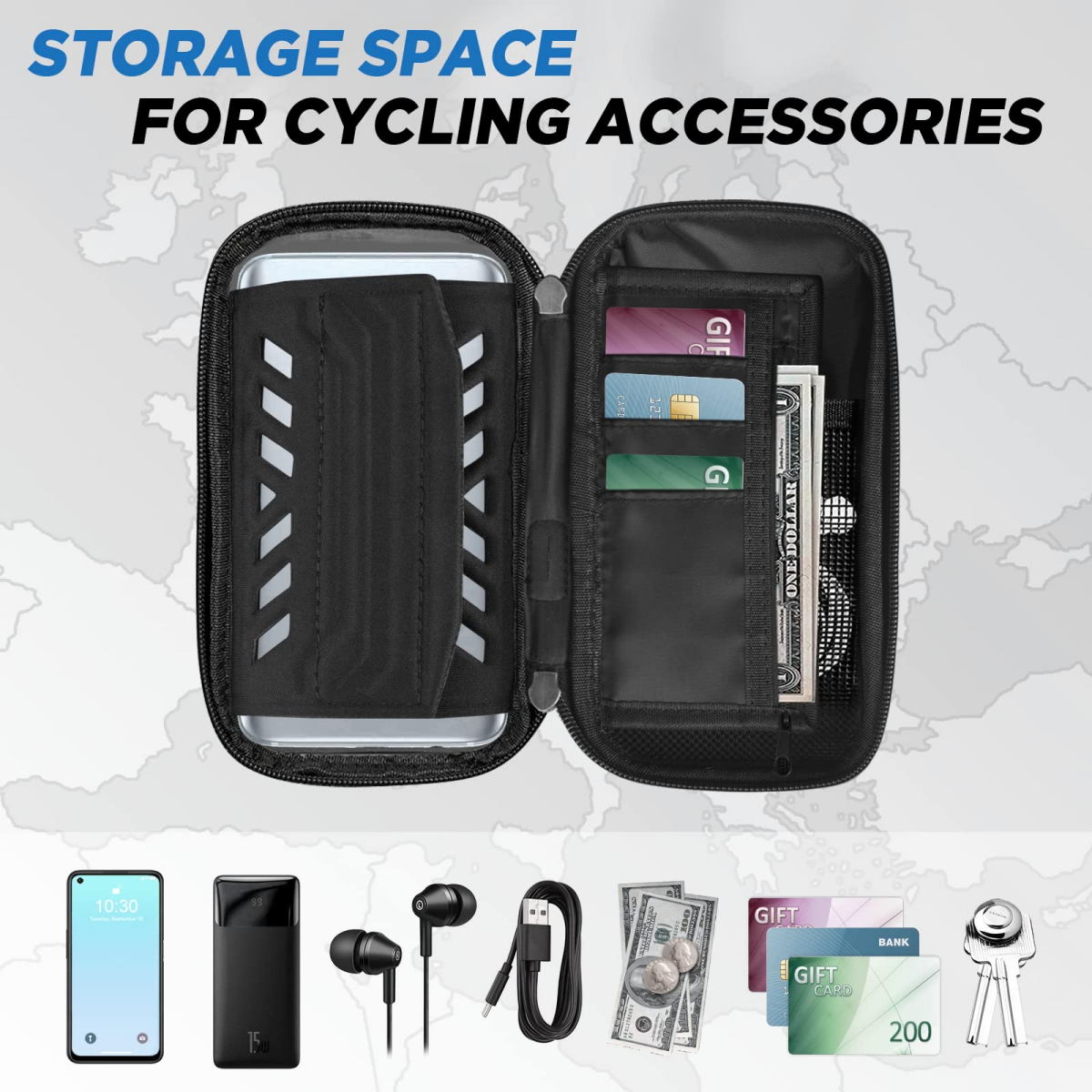 Schwarze Fahrradtasche mit Handy, Powerbank, Kopfhörern, Kabel, Geld, Karten und Schlüsseln.