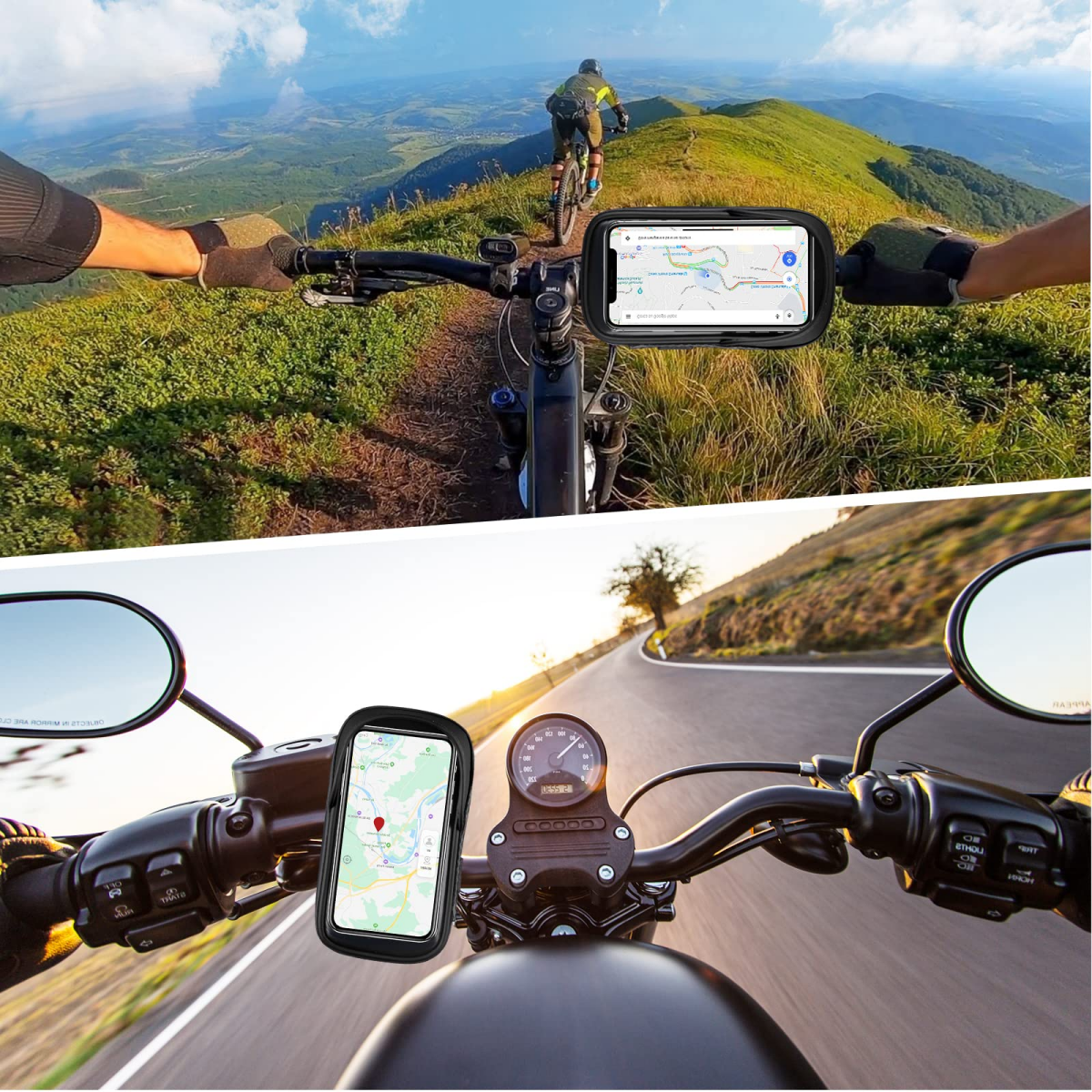 Fahrrad- und Motorrad-Navigation: Bergpfad & sonnige Straße.