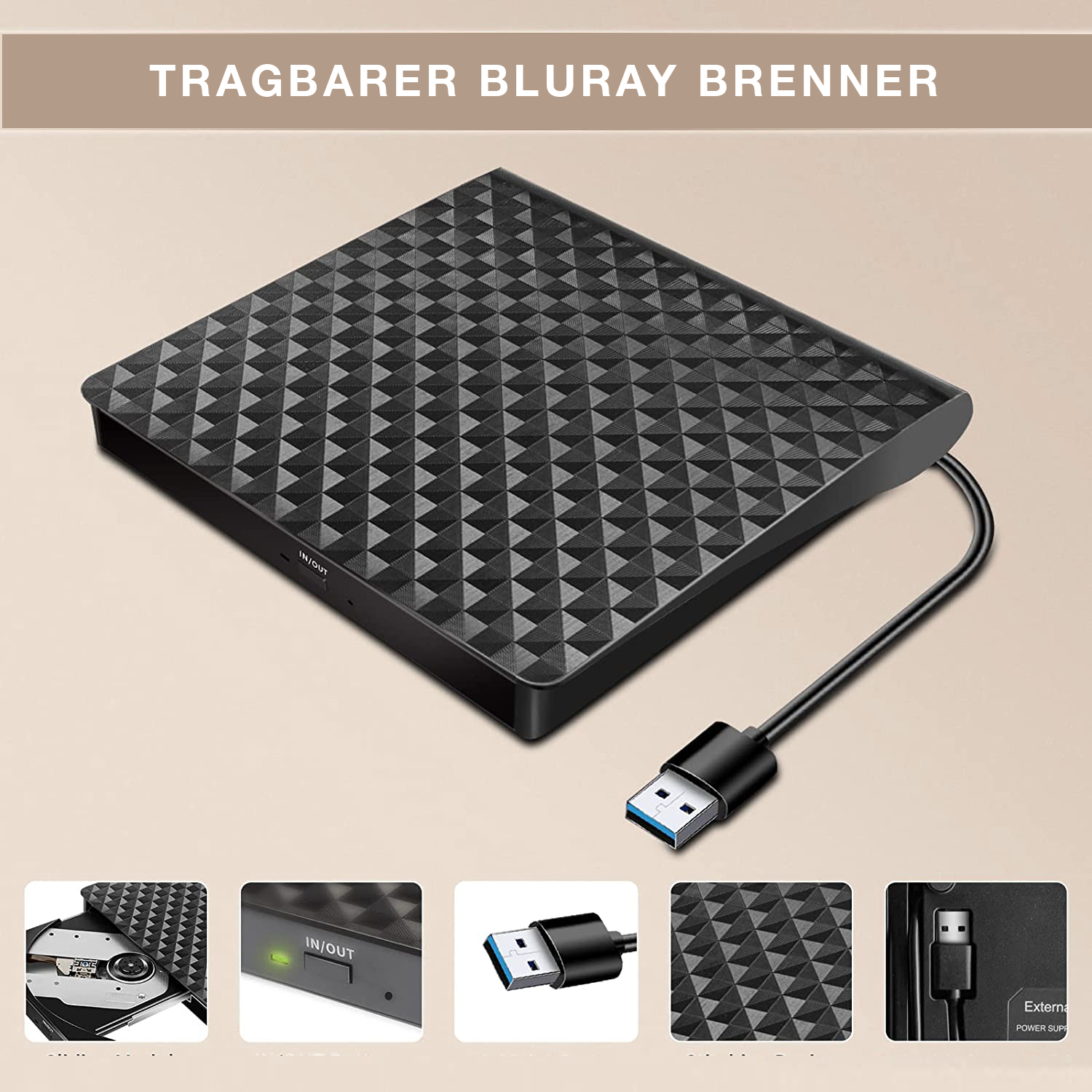 Masterizzatore Blu-ray portatile nero con connessione USB e slot disco.