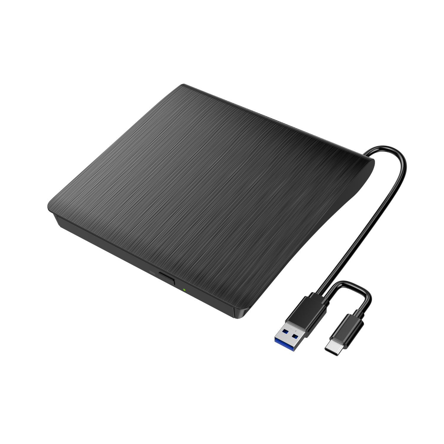 Unità esterna CD/DVD nera con connettori USB-A e USB-C.