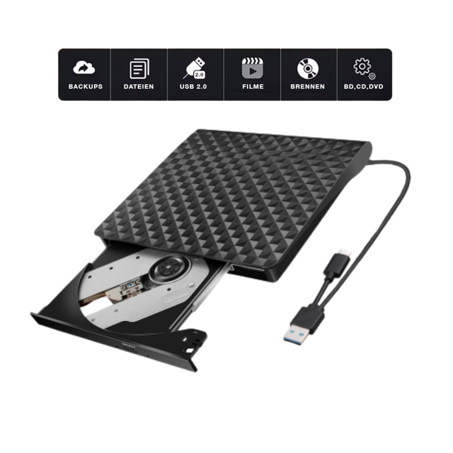 Masterizzatore CD/DVD esterno nero con cavi USB-C e USB-A. Icone in alto per backup, file, USB 2.0, film, masterizzazione, BD/CD/DVD.