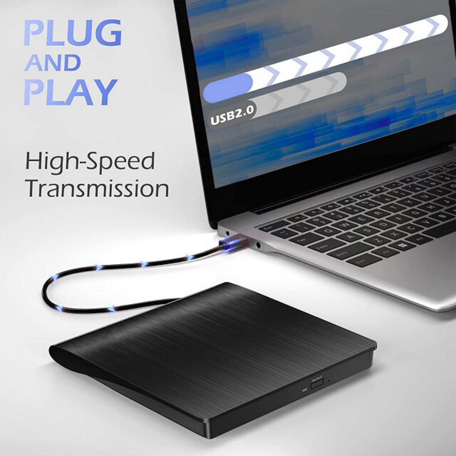 Unità esterna nera collegata a un laptop tramite cavo USB. Plug and play.