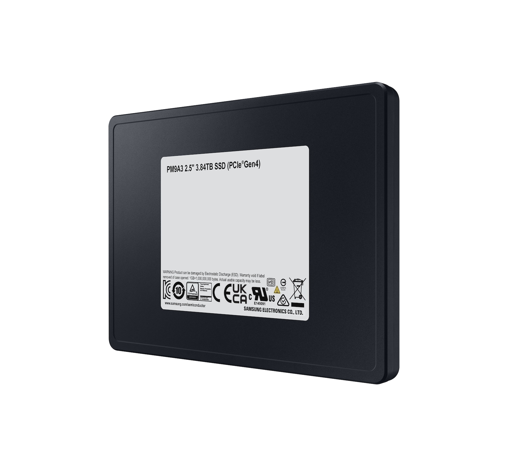 Schwarze 2,5-Zoll-SSD mit Label: PM9A3 3,84TB (PCIe Gen4).